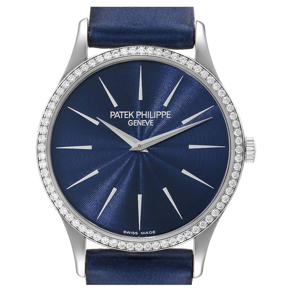 Patek Philippe Calatrava White Gold Blue Dial Diamond Ladies Watch 4896 Papers For Sale