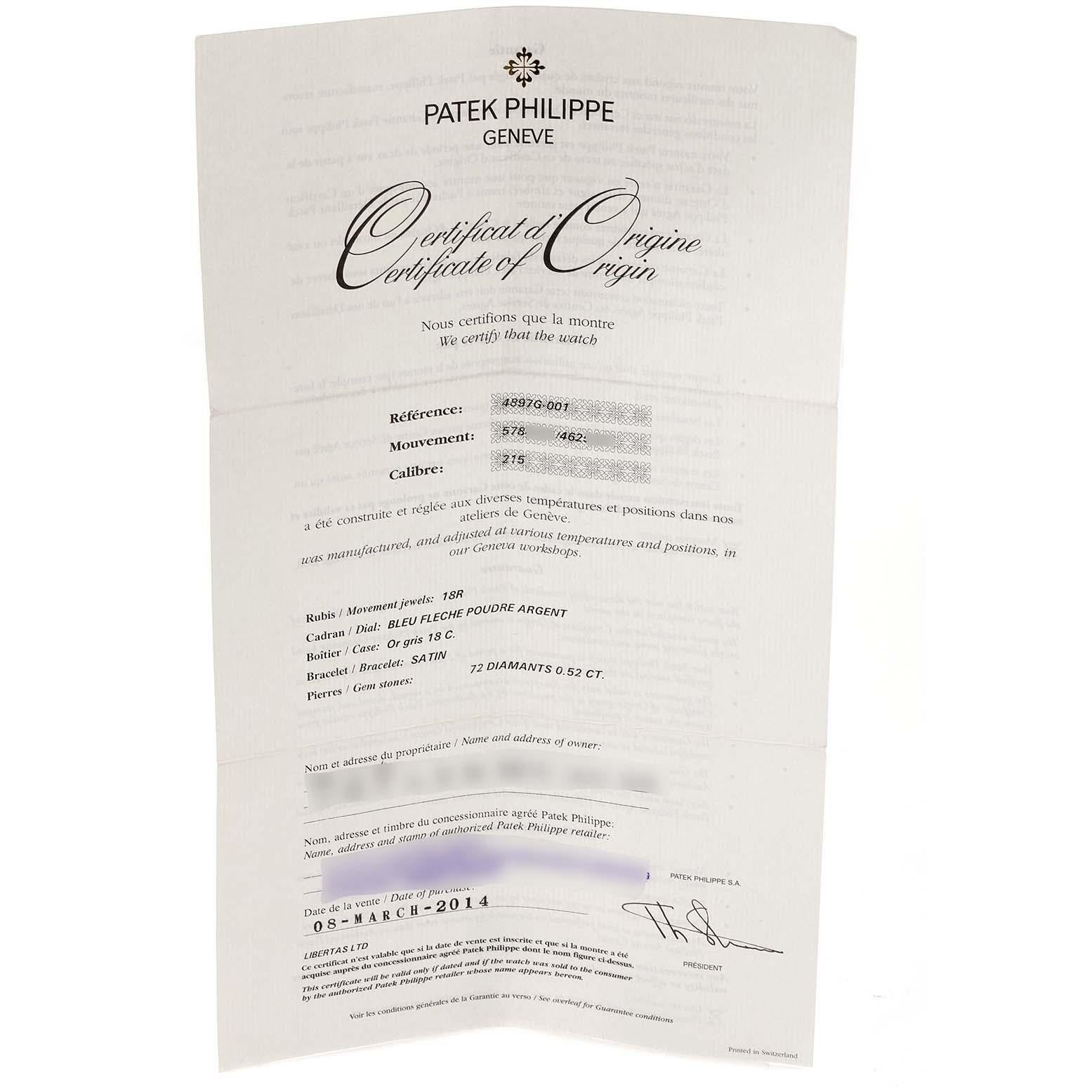 Patek Philippe Calatrava Weißgold-Damenuhr mit blauem Zifferblatt und Diamanten 4897 Papieren im Angebot 8