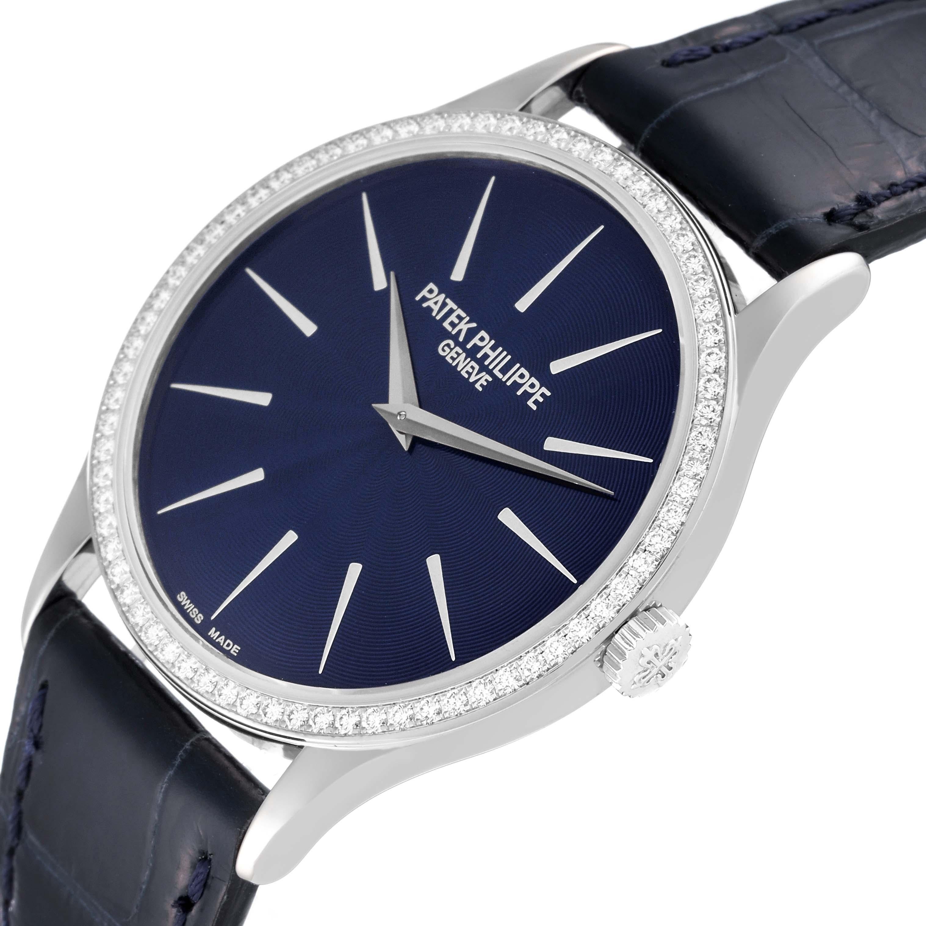 Patek Philippe Calatrava White Gold Blue Dial Diamond Ladies Watch 4897 Papers In Excellent Condition For Sale In Atlanta, GA