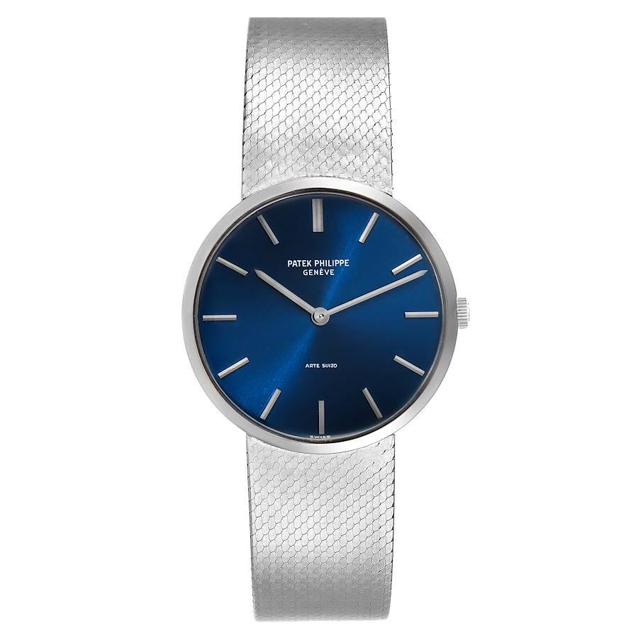 Patek Philippe Calatrava White Gold Blue Dial Vintage Mens Watch 3468. Manual-winding rhodium-plated, C?tes de Gen?ve decoration, punched twice with the Seal of Geneva quality mark, straight-line lever escapement, Gyromax balance, adjusted to heat,