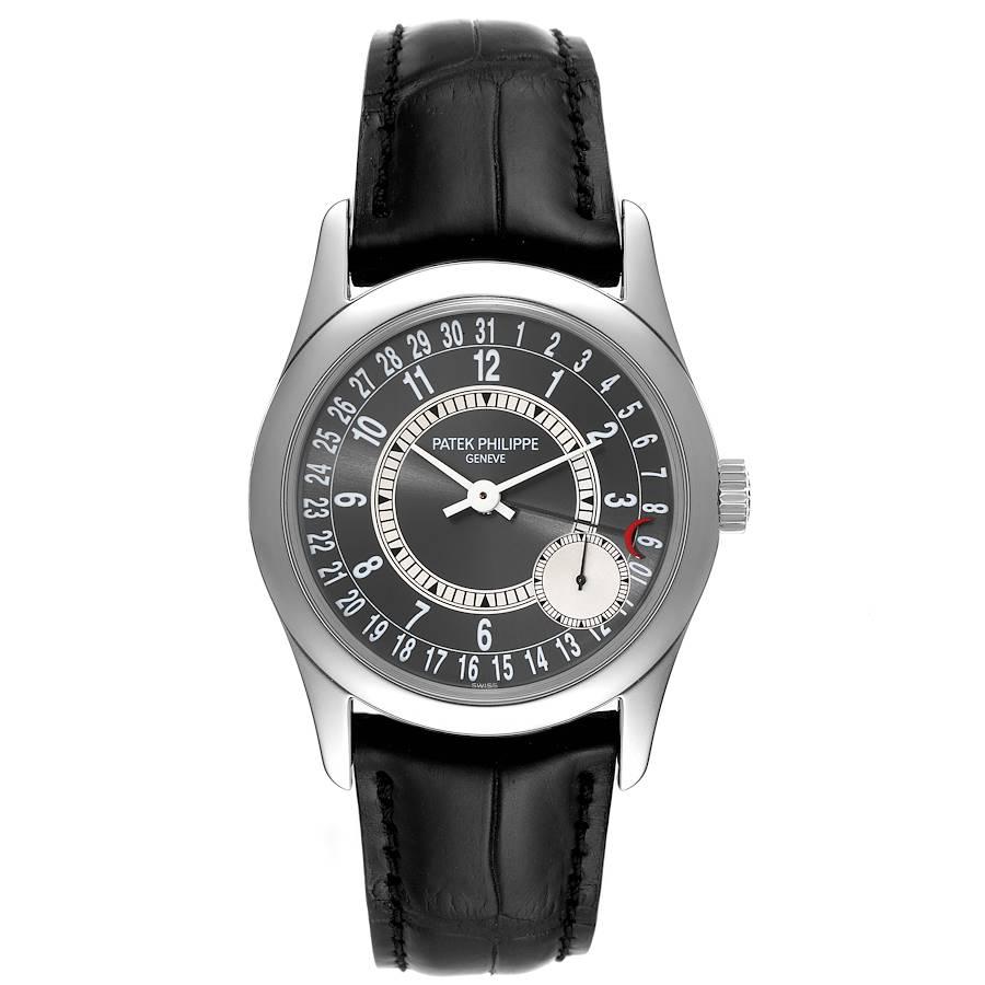 Patek Philippe Calatrava White Gold Grey Dial Mens Watch 6000. Automatic self-winding movement with gold micro-rotor, adjusted to heat, cold, isochronism and 5 positions, Seal of Geneva. 18k white gold case 37.0 mm in diameter. Transparent
