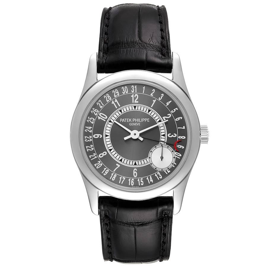 Patek Philippe Calatrava White Gold Grey Dial Mens Watch 6000. Automatic self-winding movement with gold micro-rotor, adjusted to heat, cold, isochronism and 5 positions, Seal of Geneva. 18k white gold case 37.0 mm in diameter. Transparent