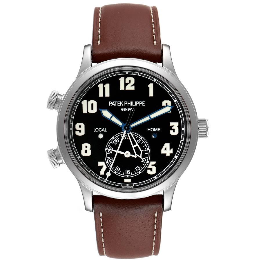 Patek Philippe Calatrava Weißgold Pilot Travel Time Herrenuhr 5524. Automatisches Uhrwerk mit Selbstaufzug. gehäuse aus 18 Karat Weißgold mit einem Durchmesser von 42 mm. 11 mm dick. Gehäuseboden aus Saphirglas. lünette aus 18 Karat Weißgold.