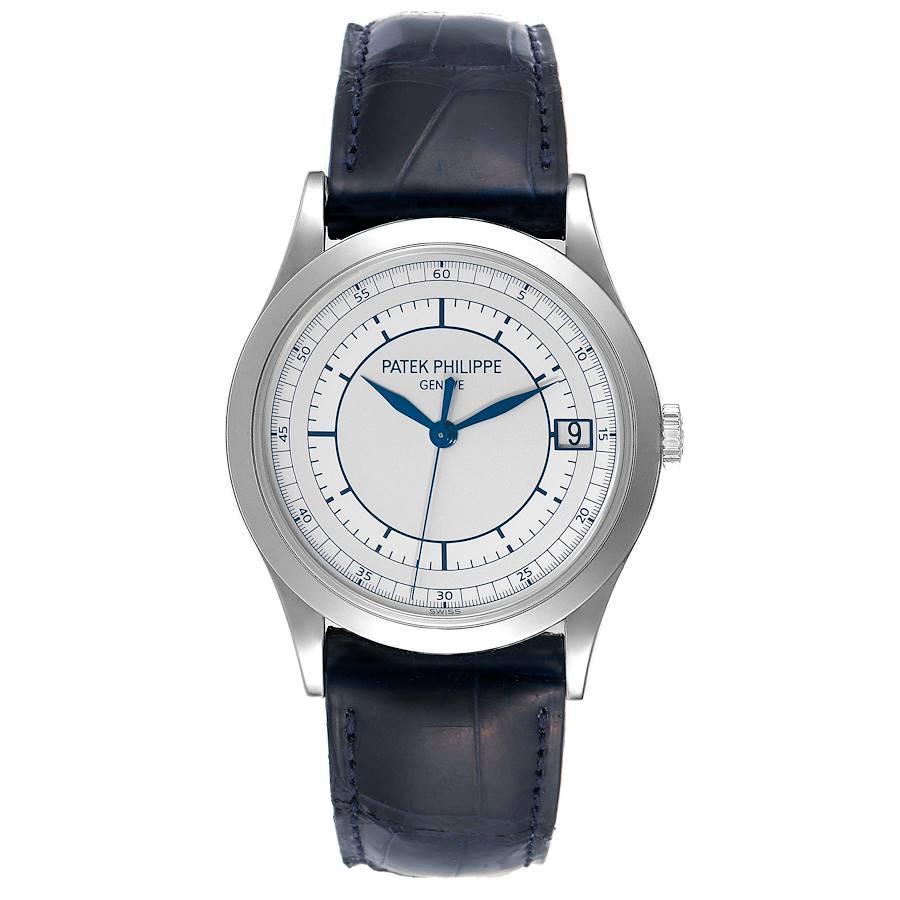 Patek Philippe Calatrava White Gold Silver Dial Automatic Mens Watch 5296. Automatic self-winding movement. Rhodium-plated, fausses cotes decoration,  straight line lever escapement, Gyromax balance adjusted to heat, cold, isochronism and five