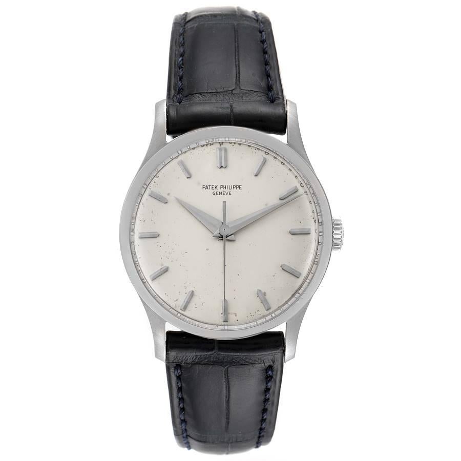 Patek Philippe Calatrava White Gold Vintage Mens Watch 570 Box Papers. Manual winding movement. 18k white gold case 35.5 mm in diameter. . Acrylic domed crystal. Silver dial with raised white gold baton hour markers and Dauphine hands. Black leather