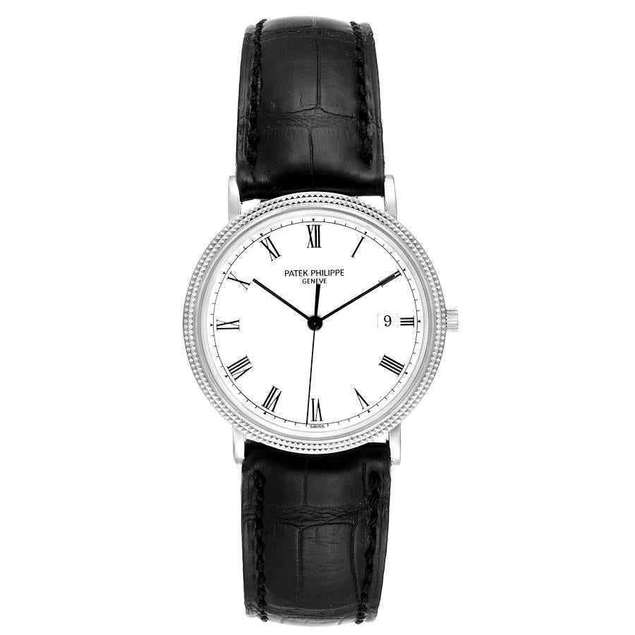 Patek Philippe Calatrava White Gold White Roman Dial Mens Watch 3944. Quartz movement. 18k white gold case 33.0 mm in diameter. Case thickness: 7.0 mm. 18k white gold hobnail bezel. Scratch resistant sapphire crystal. White dial with painted radial