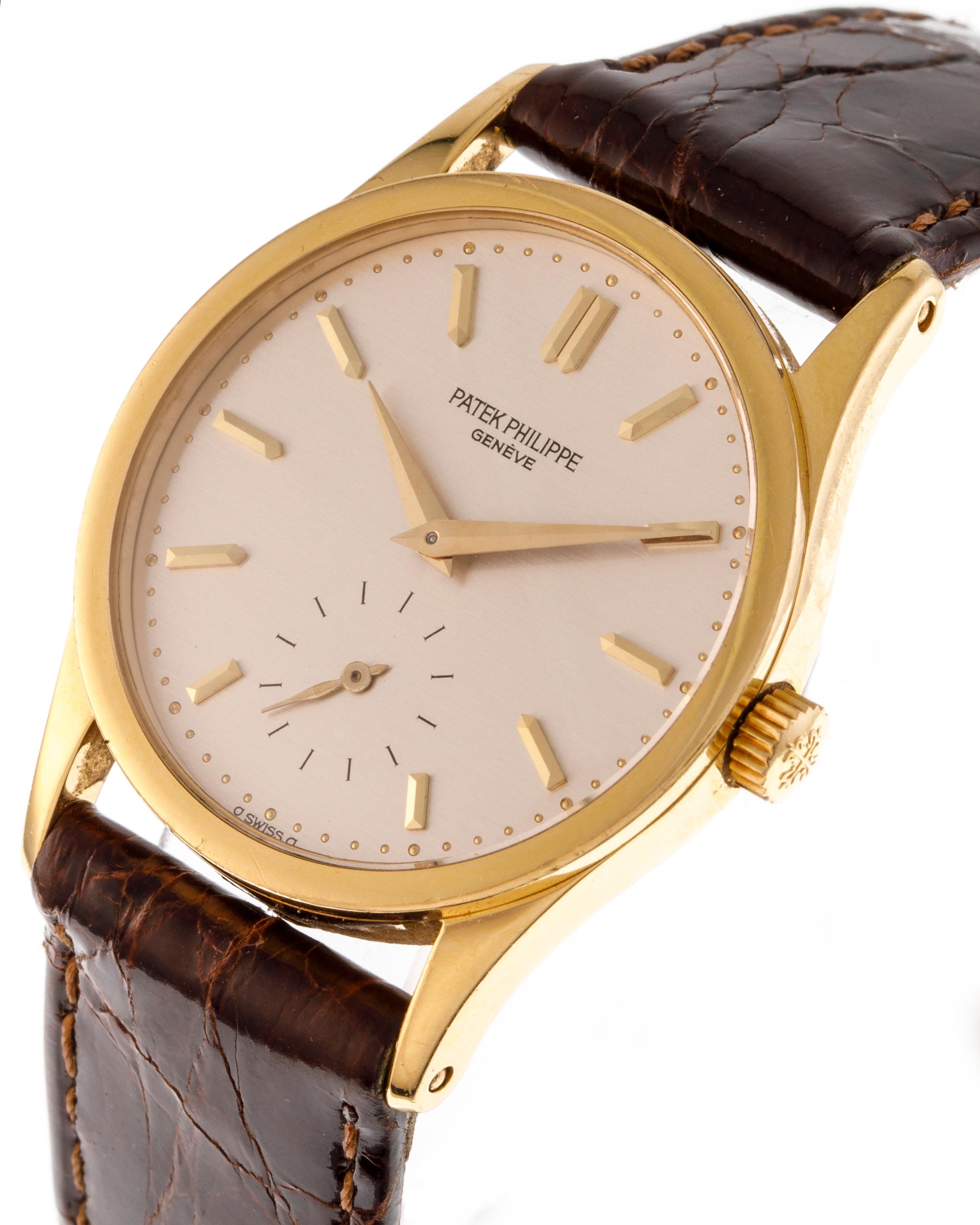 Case: circular case 18kt yellow gold 33mm, snap on back in three parts.

Dial: silvered, applied 12 yellow gold sword shape indexes, pearl minute track subsidiary second hand.

Movement: manual winding Cal.215PS

Year: late 1988

The watch is