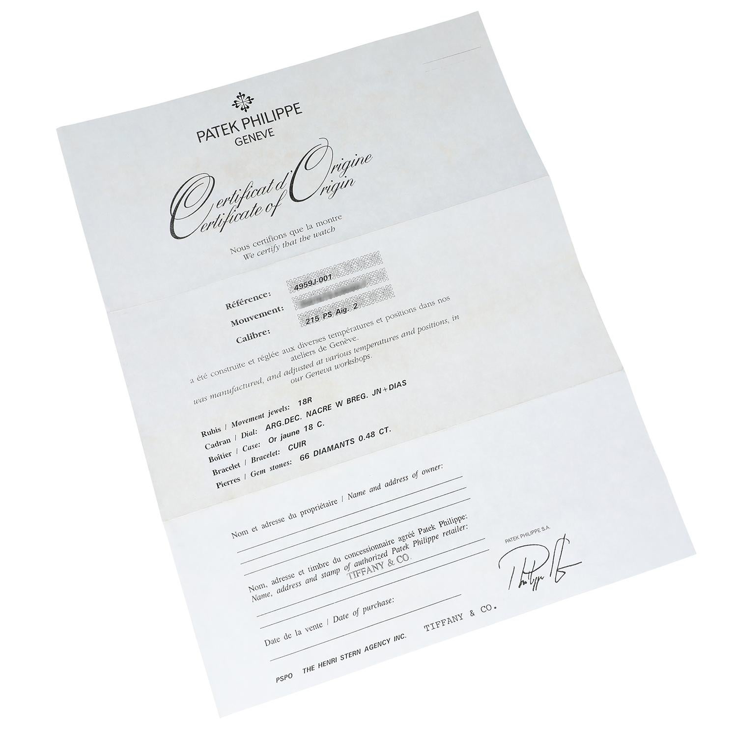 Patek Philippe Calatrava Gelbgold 4959J-001 MOP Diamant-Zifferblatt Tiffany im Angebot 8