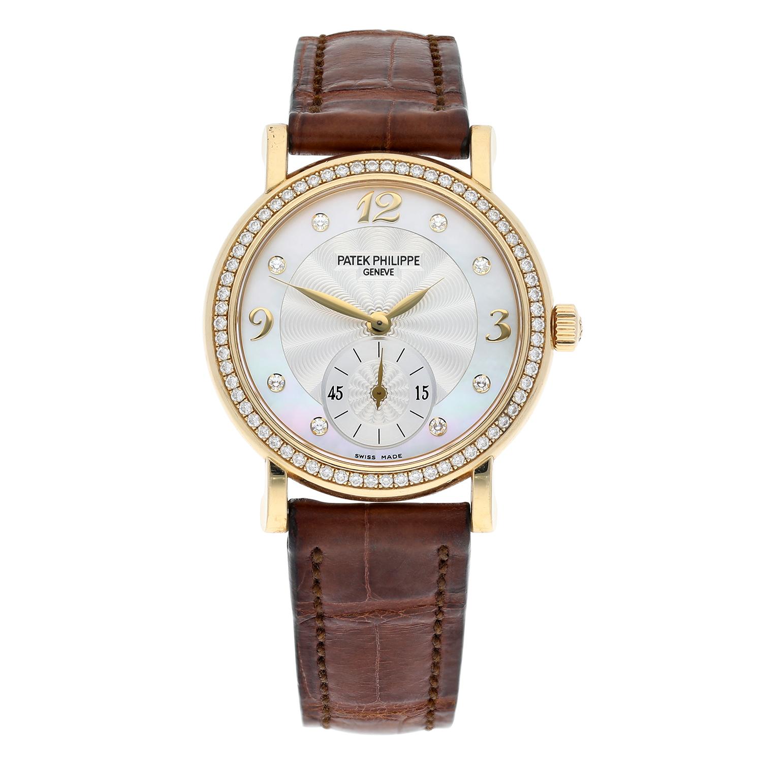 Patek Philippe Calatrava Yellow Gold 4959J-001 MOP Diamond Dial Tiffany In Excellent Condition For Sale In New York, NY
