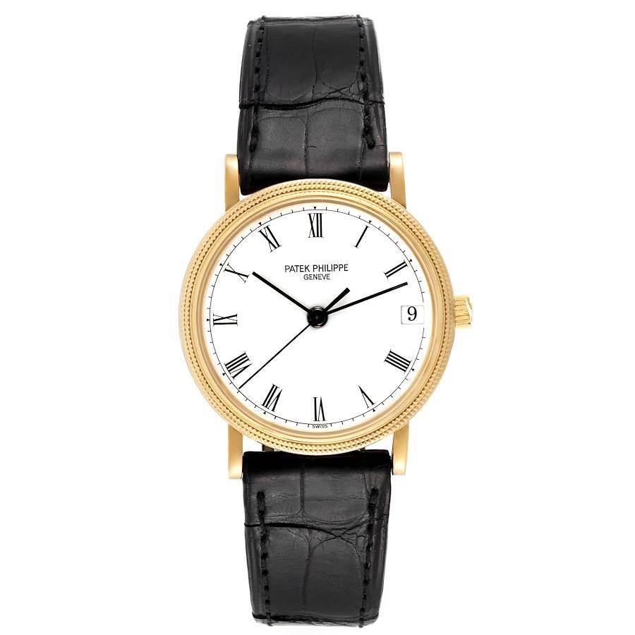 Patek Philippe Calatrava Yellow Gold Automatic Mens Watch 3802. Automatic self-winding movement. Rhodium-plated, fausses cotes decoration jewels, straight line lever escapement, monometallic balance adjusted to heat, cold, isochronism and to 5