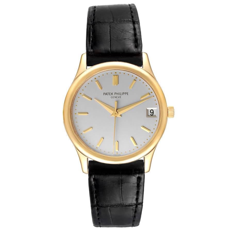 Patek Philippe Calatrava Yellow Gold Automatic Mens Watch 3998 Box Papers. Automatic self-winding movement. Rhodium-plated, fausses cotes decoration, straight-line lever escapement, monometallic balance adjusted to heat, cold, isochronism and 5
