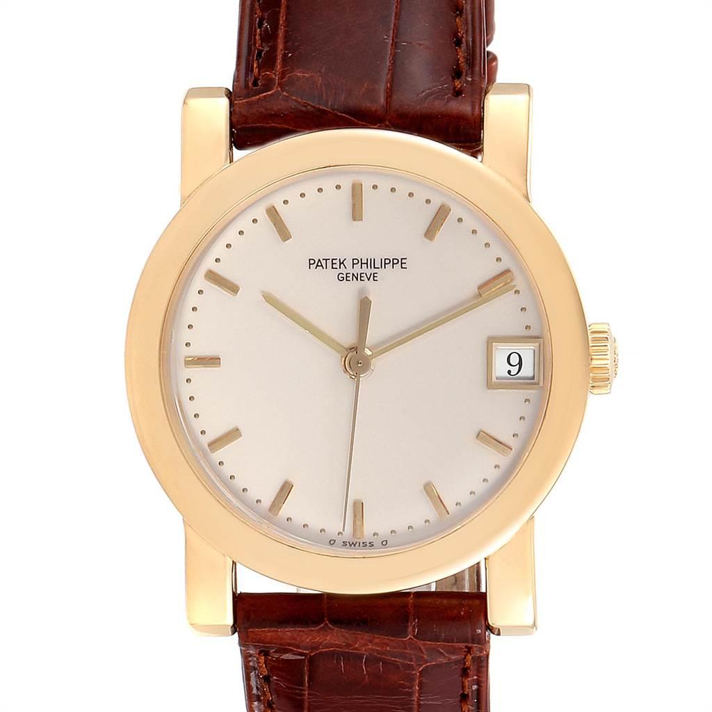 Patek Philippe Calatrava Yellow Gold Automatic Mens Watch 5012 Papers. Automatic self-winding movement. Rhodium plated, faussescotes decoration, stamped with the Seal of Geneva Quality Mark, straight line lever escapement, free sprung gyromax
