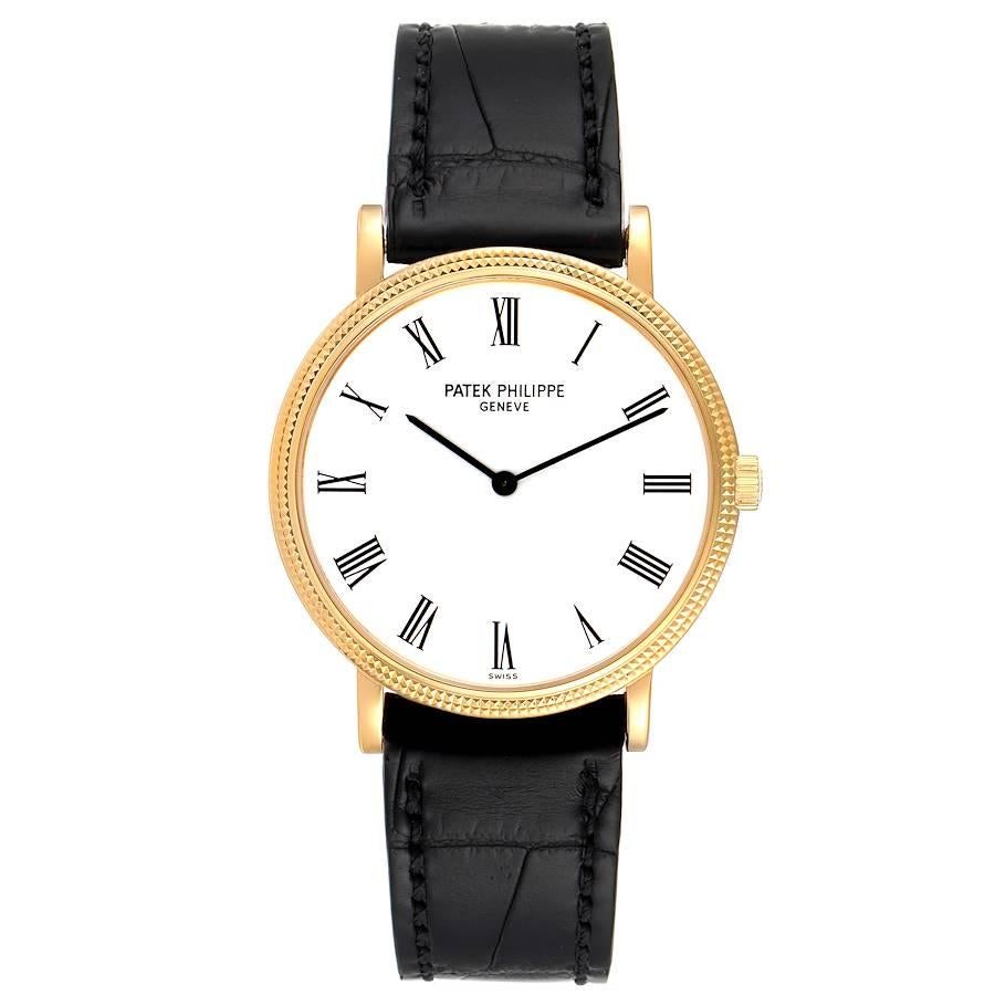 Patek Philippe Calatrava Yellow Gold Automatic Mens Watch 5120. Automatic self-winding movement. Rhodium-plated, fausses cotes decoration, straight-line lever escapement, Gyromax balance adjusted for heat, cold, isochronism and 5 positions, shock