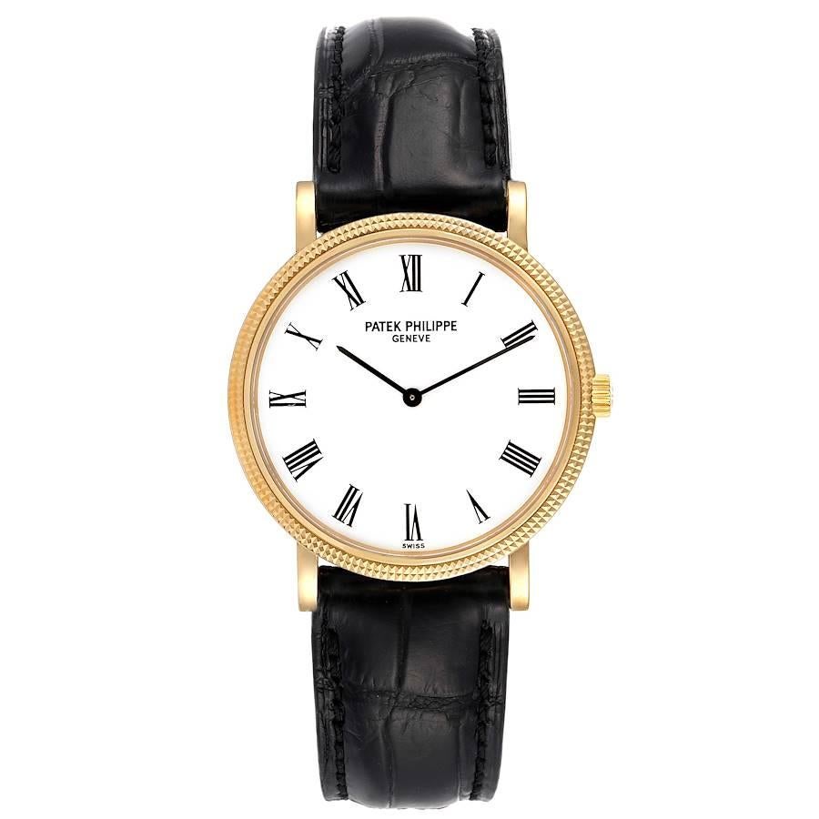 Patek Philippe Calatrava Yellow Gold Automatic Mens Watch 5120. Rhodium-plated, fausses cotes decoration, straight-line lever escapement, Gyromax balance adjusted for heat, cold, isochronism and 5 positions, shock absorber, self-compensating flat