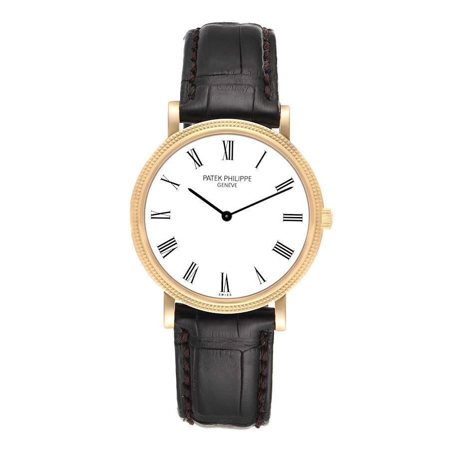 Patek Philippe Calatrava Yellow Gold Automatic Mens Watch 5120 Papers. Automatic self-winding movement. Rhodium-plated, fausses cotes decoration, straight-line lever escapement, Gyromax balance adjusted for heat, cold, isochronism and 5 positions,