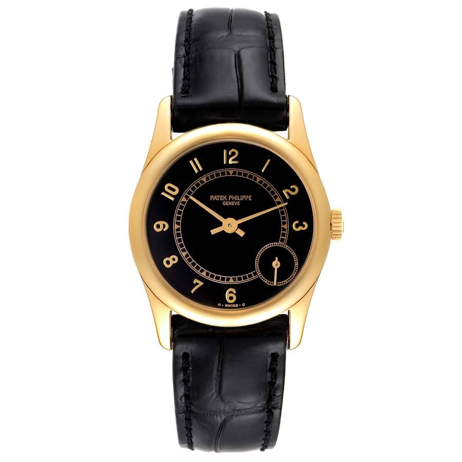 Patek Philippe Calatrava Gelbgold Schwarzes Zifferblatt Automatik Herrenuhr 5000. Automatisches Uhrwerk mit Selbstaufzug. 27 Steine, Kaliber 240-PS, justiert auf Hitze, Kälte, Isochronismus und 5 Positionen, Mikrorotor aus 22K Gold, Gyromax-Unruh.