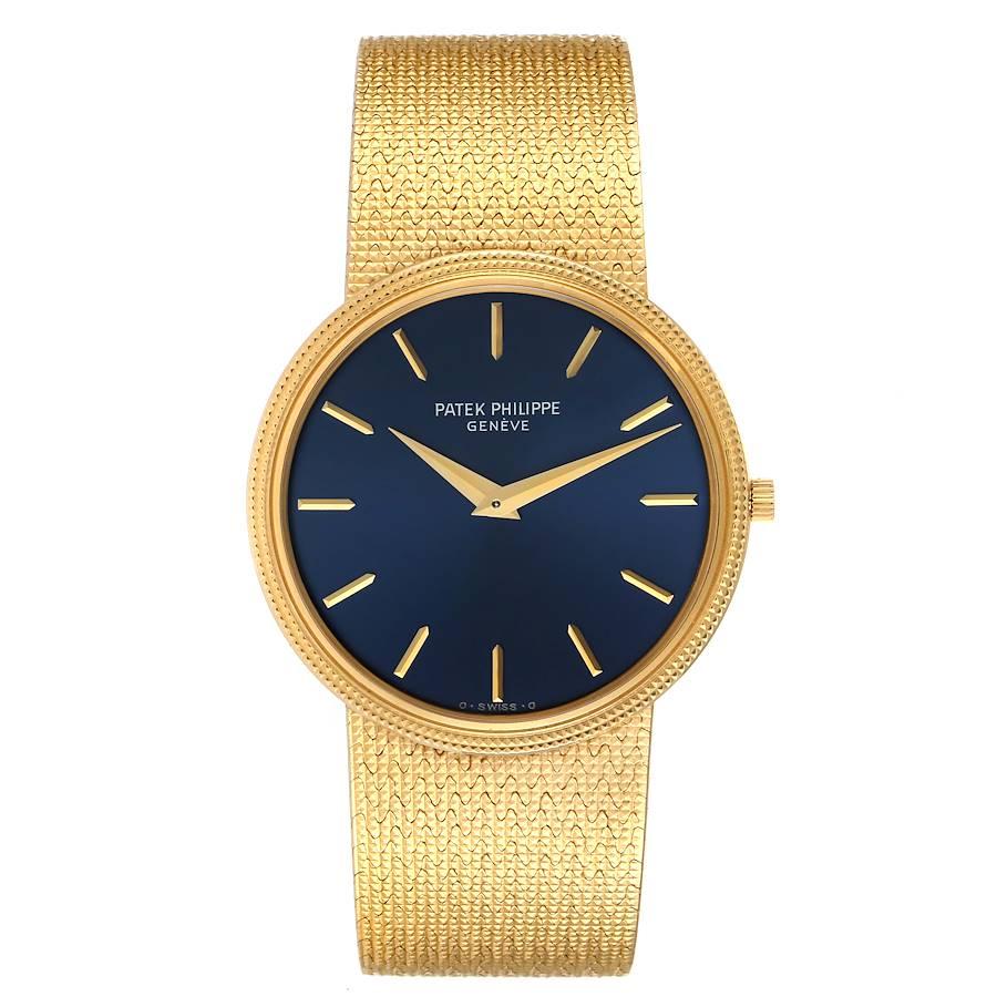 Patek Philippe Calatrava Yellow Gold Blue Dial Vintage Mens Watch 3611 Papers. Manual-winding rhodium-plated, C?tes de Gen?ve decoration, punched twice with the Seal of Geneva quality mark, straight-line lever escapement, Gyromax balance, adjusted