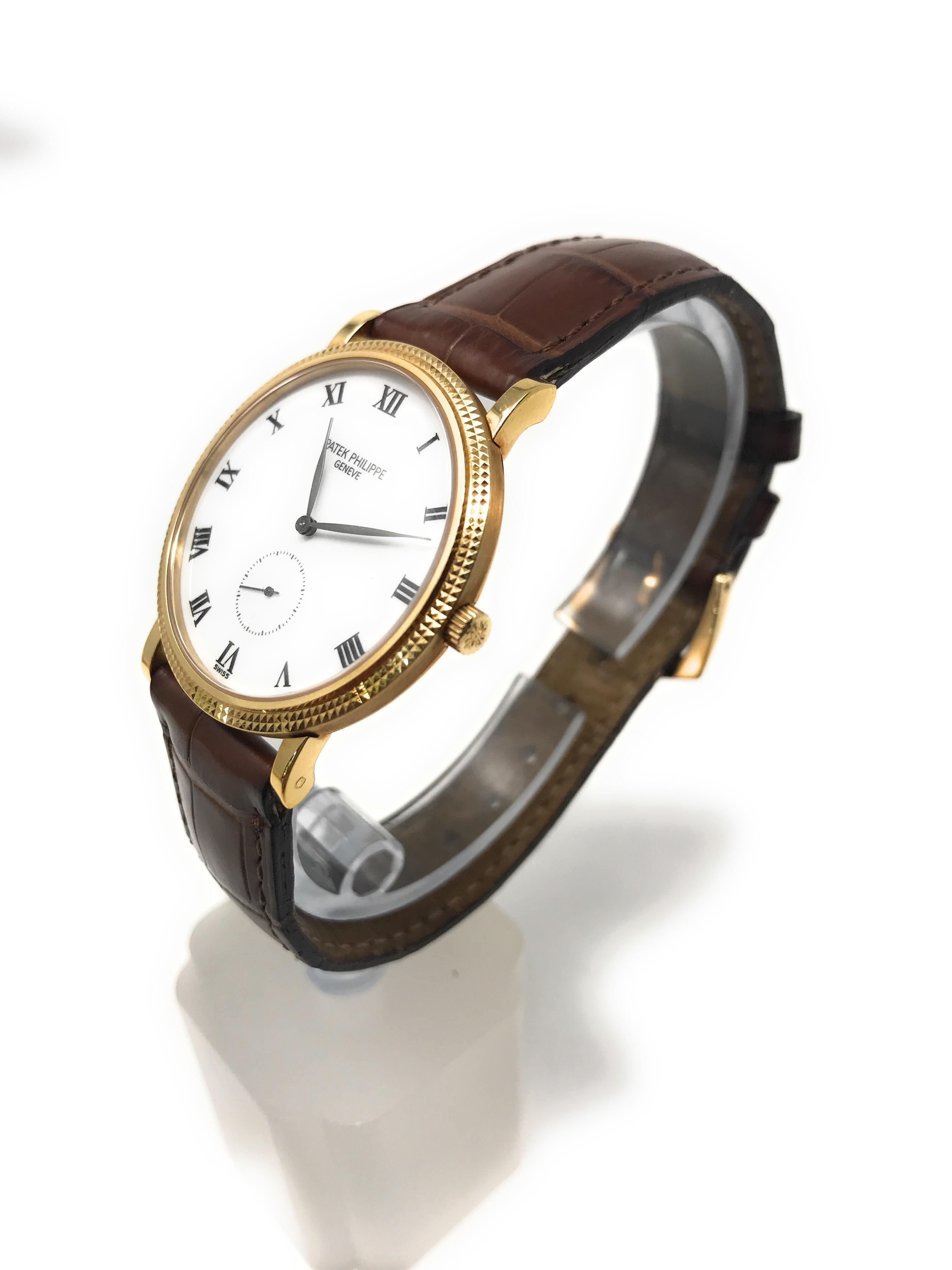 Patek Philippe Calatrava Yellow Gold Brown Strap Watch In Good Condition In Los Angeles, CA
