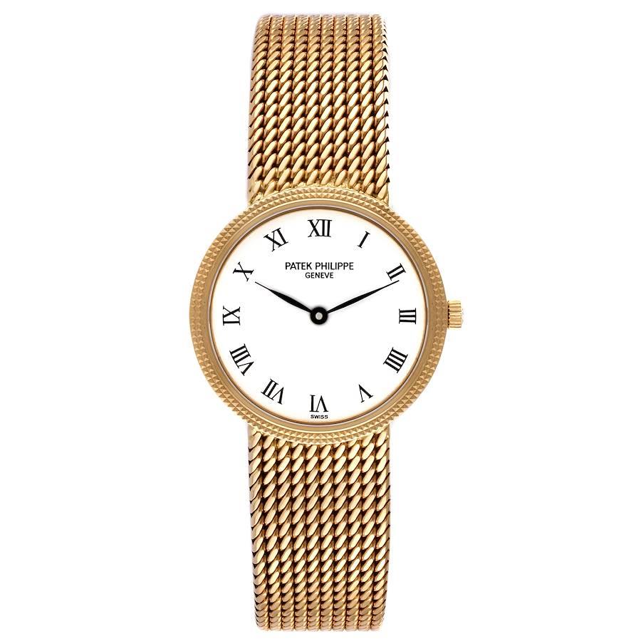 Patek Philippe Calatrava Gelbgold Hobnail Lünette Damenuhr 4819. Quarzwerk. gehäuse aus 18k Gelbgold mit einem Durchmesser von 25,0 mm. 18k Gelbgold hobnail Lünette. Kratzfestes Saphirglas. Weißes Zifferblatt mit schwarzen radialen römischen