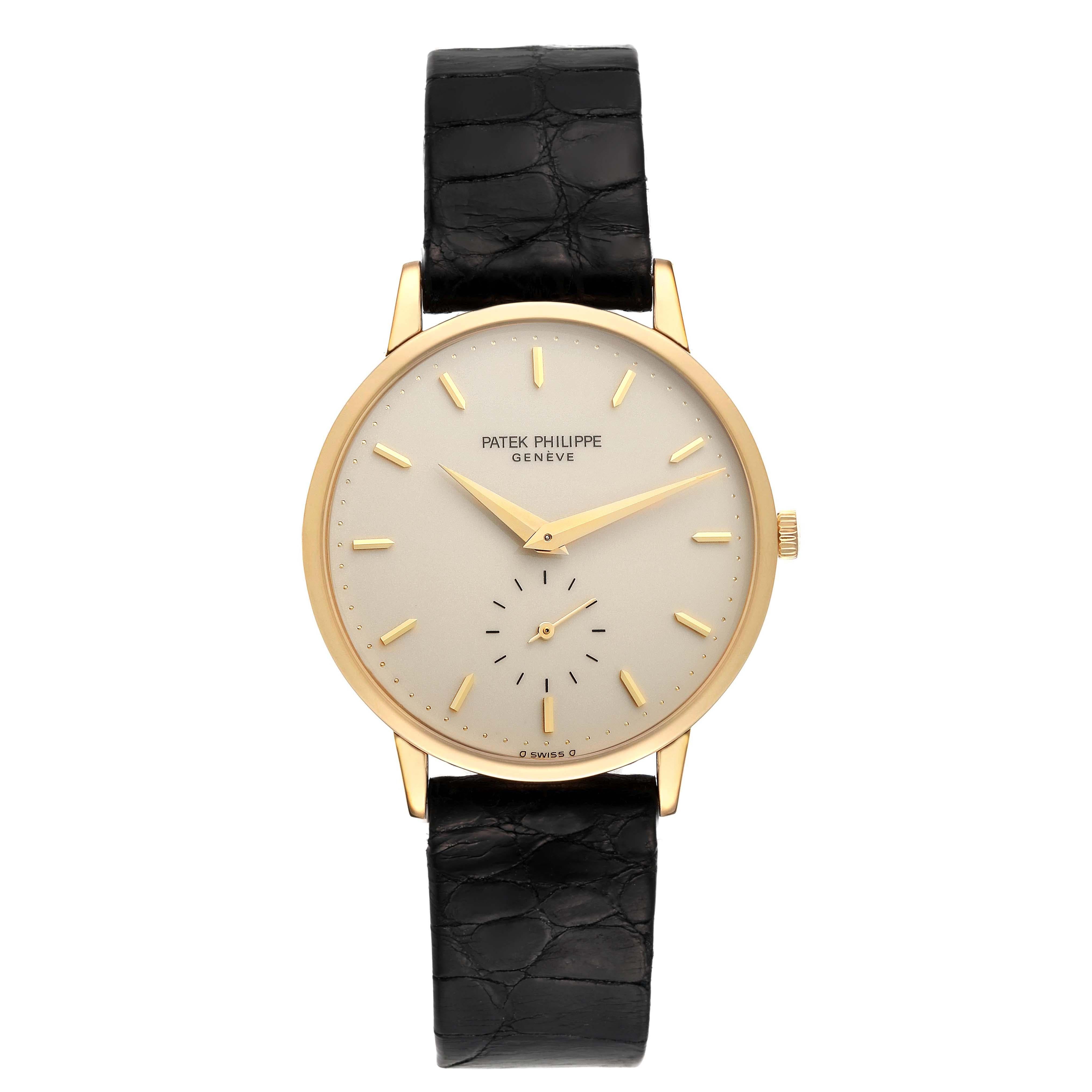 Patek Philippe Calatrava Yellow Gold Ivory Dial Mens Watch 3893. Manual-winding movement. Rhodium-plated, fausses cotes decoration, straight-line lever escapement, Gyromax balance adjusted to heat, cold, isochronism and 5 positions, shock absorber,