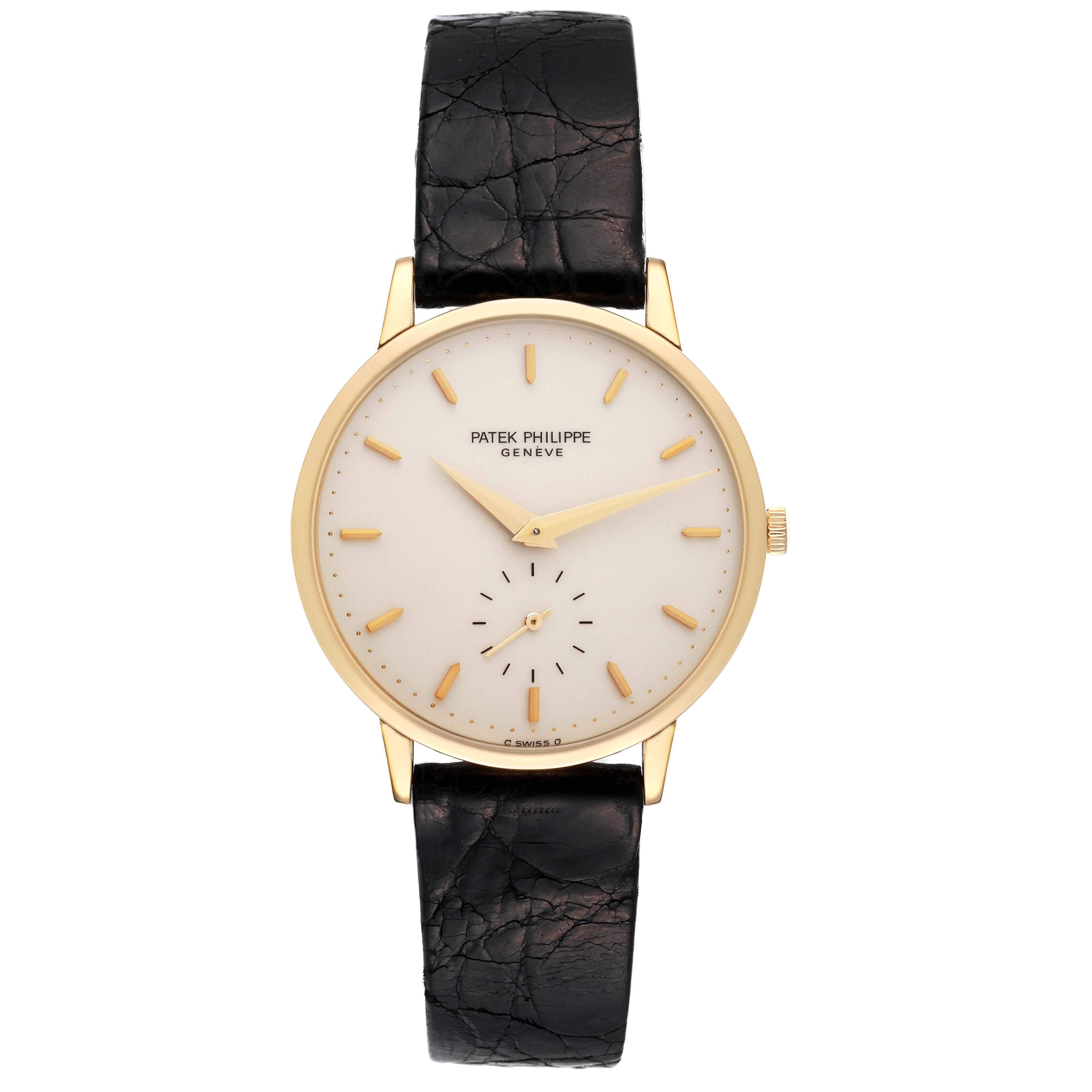 Patek Philippe Calatrava Yellow Gold Ivory Dial Mens Watch 3893 Pouch Papers. Manual-winding movement. Rhodium-plated, fausses cotes decoration, straight-line lever escapement, Gyromax balance adjusted to heat, cold, isochronism and 5 positions,
