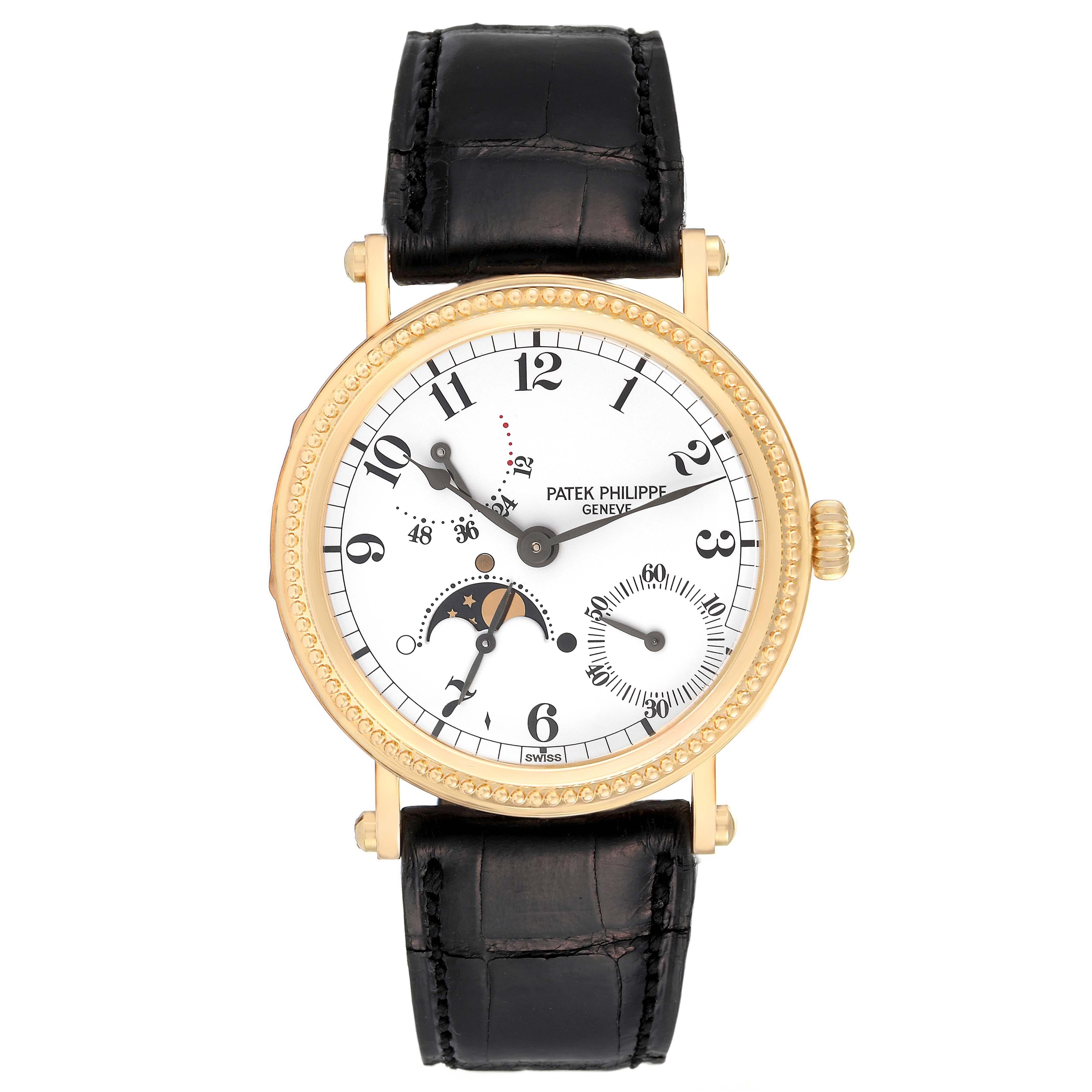 Patek Philippe Calatrava Yellow Gold Moon Phase Mens Watch 5015. Automatic self-winding movement. 18k yellow gold case 35.5 mm in diameter. Hinged case back over transparent sapphire crystal to view the movement, screwed bar lugs. 18k yellow gold