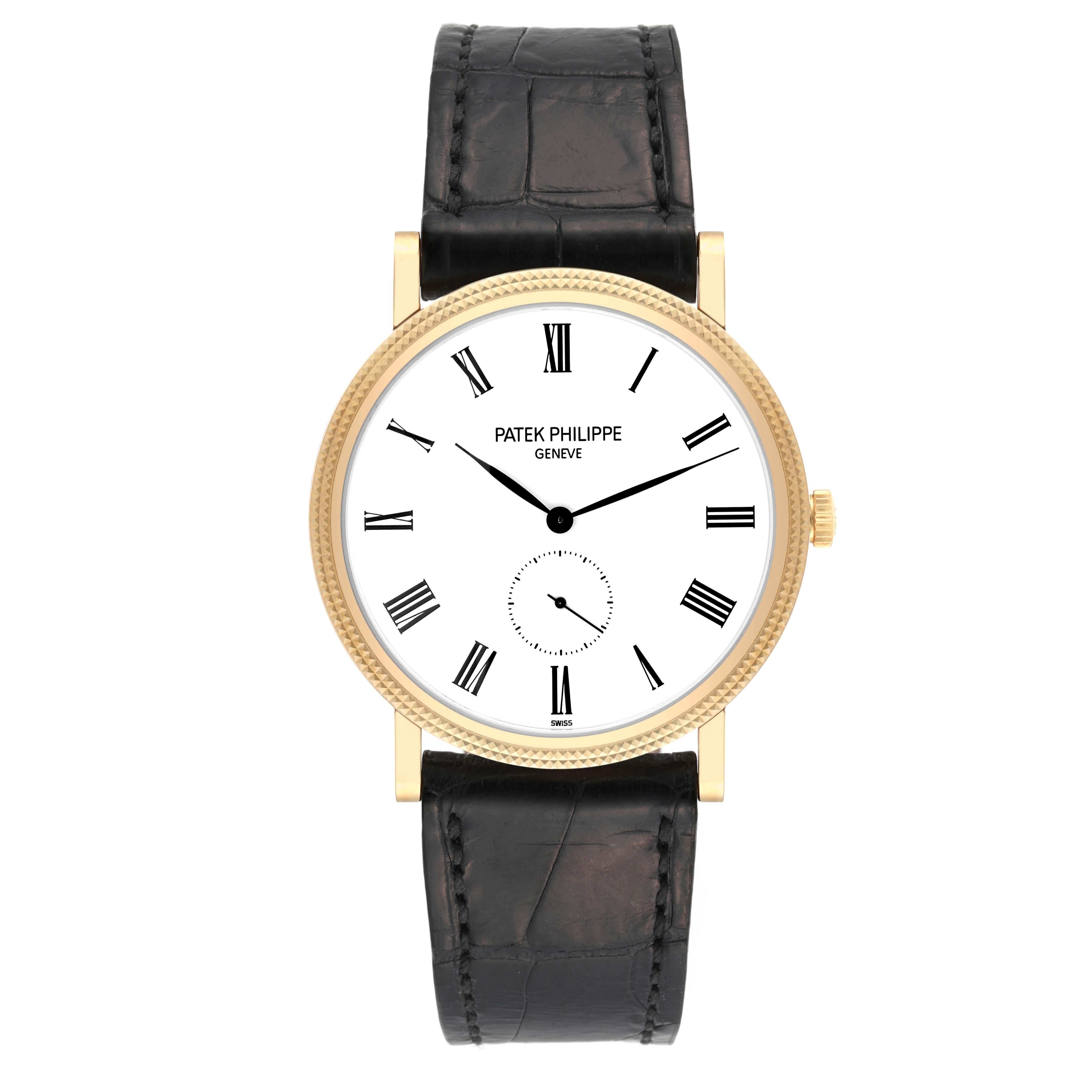 Patek Philippe Calatrava Yellow Gold White Dial Mens Watch 5119. Manual-winding movement. 18k yellow gold case 36.0 mm in diameter. Transparent exhibition sapphire crystal caseback. 18k yellow gold hobnail bezel. Scratch resistant sapphire crystal.