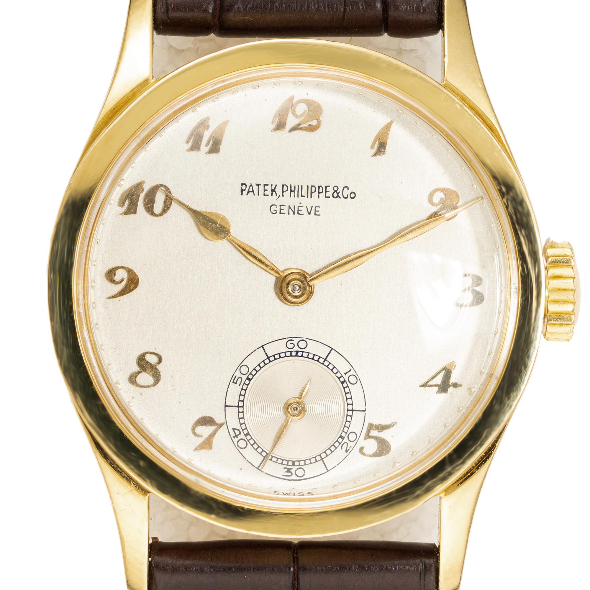 The 1960's Patek Philippe Calatrava yellow gold wristwatch is a masterpiece of timeless elegance and understated luxury. Crafted with precision, its 18k yellow gold case exudes a warm glow, reminiscent of the golden hour on a perfect evening. Case