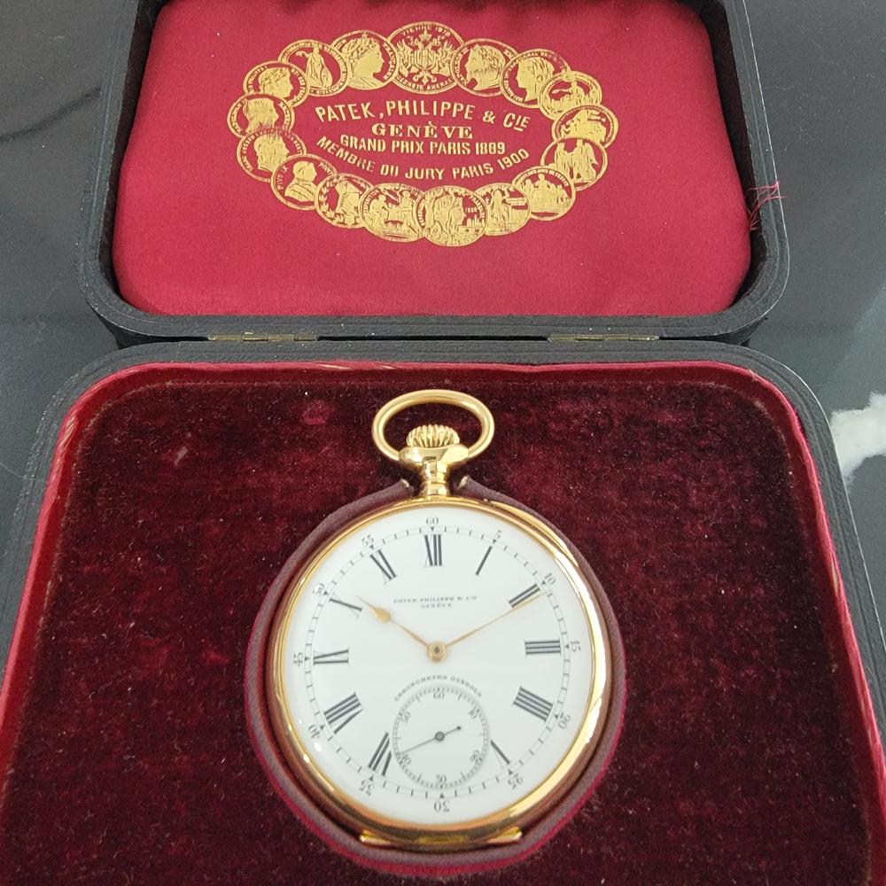 Timeless luxury, solid 18k gold Patek Philippe Chronometro Gondolo open face pocket watch, c.1910s with original box. Verified authentic by a master watchmaker. Gorgeous Patek Philippe signed white enamel dial, black Roman numeral hour markers, gilt