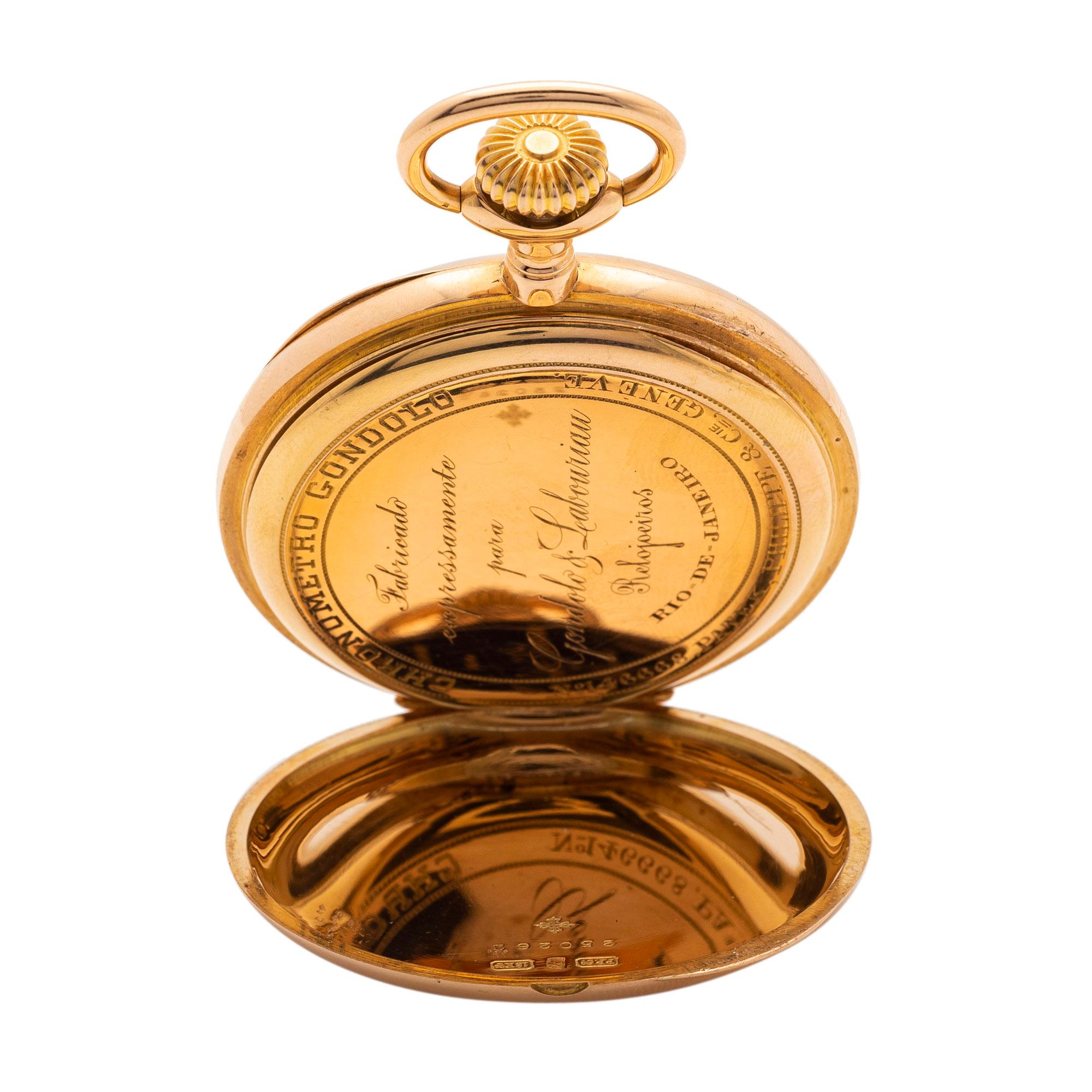 
Patek PhilippeChronometro Gondolo
Pink Gold Open-Faced Watch
Dial: white enamel
Case: 18k pink gold, 18k pink gold cuvette, hinged back
Dimensions: 52mm
Signed: case, dial and movement