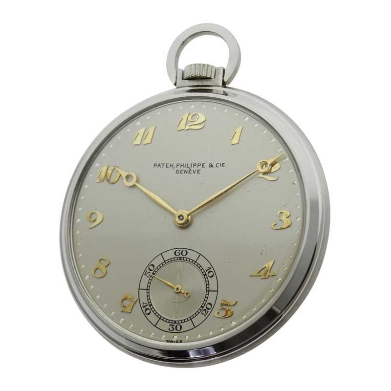 Patek Philippe & Cie. Steel Art Deco Open Faced Pocket Watch, circa 1940s In Excellent Condition In Long Beach, CA