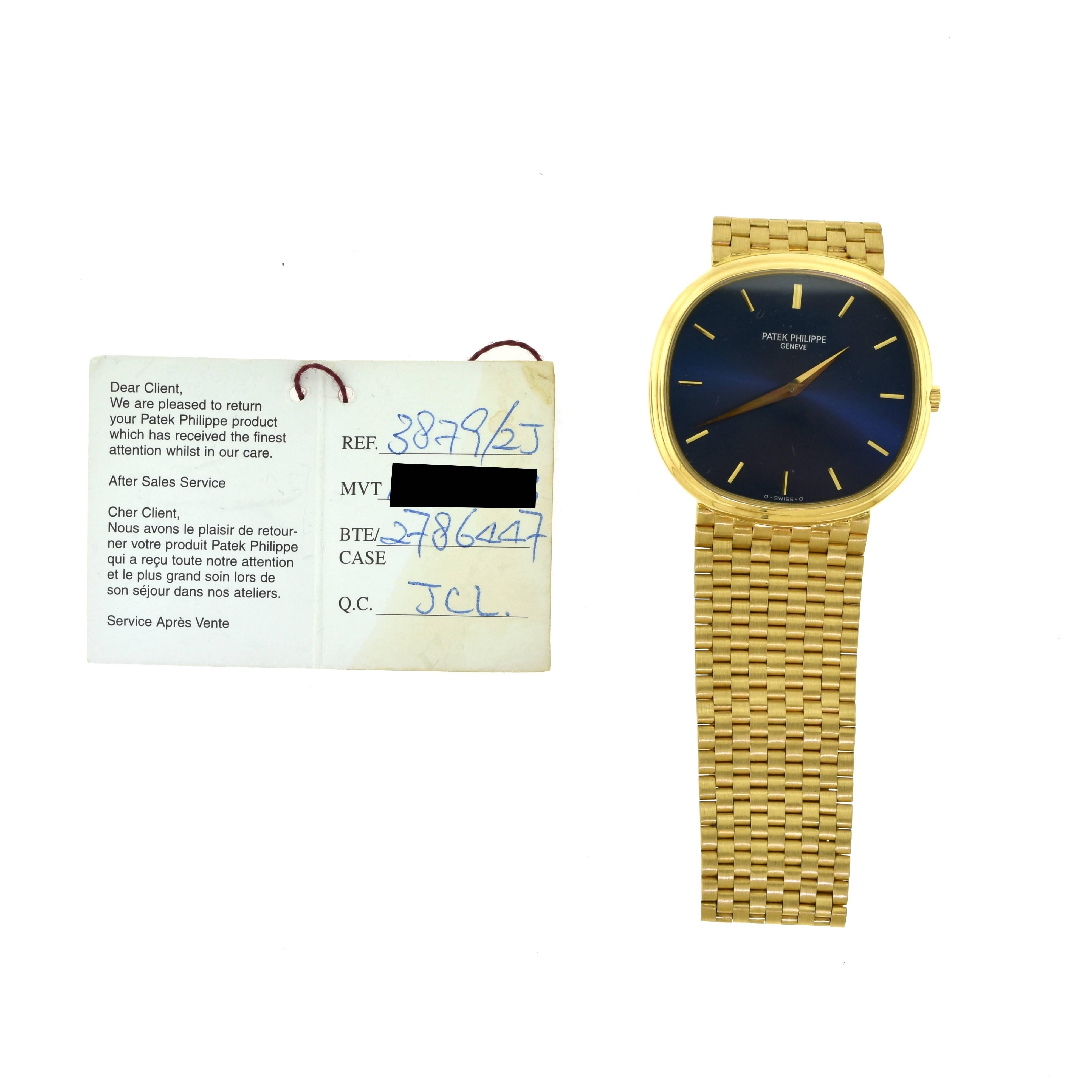 Women's or Men's Patek Philippe Classic Ellipse 3879/2J 18 Karat Gold Blue Dial Watch, Papers For Sale