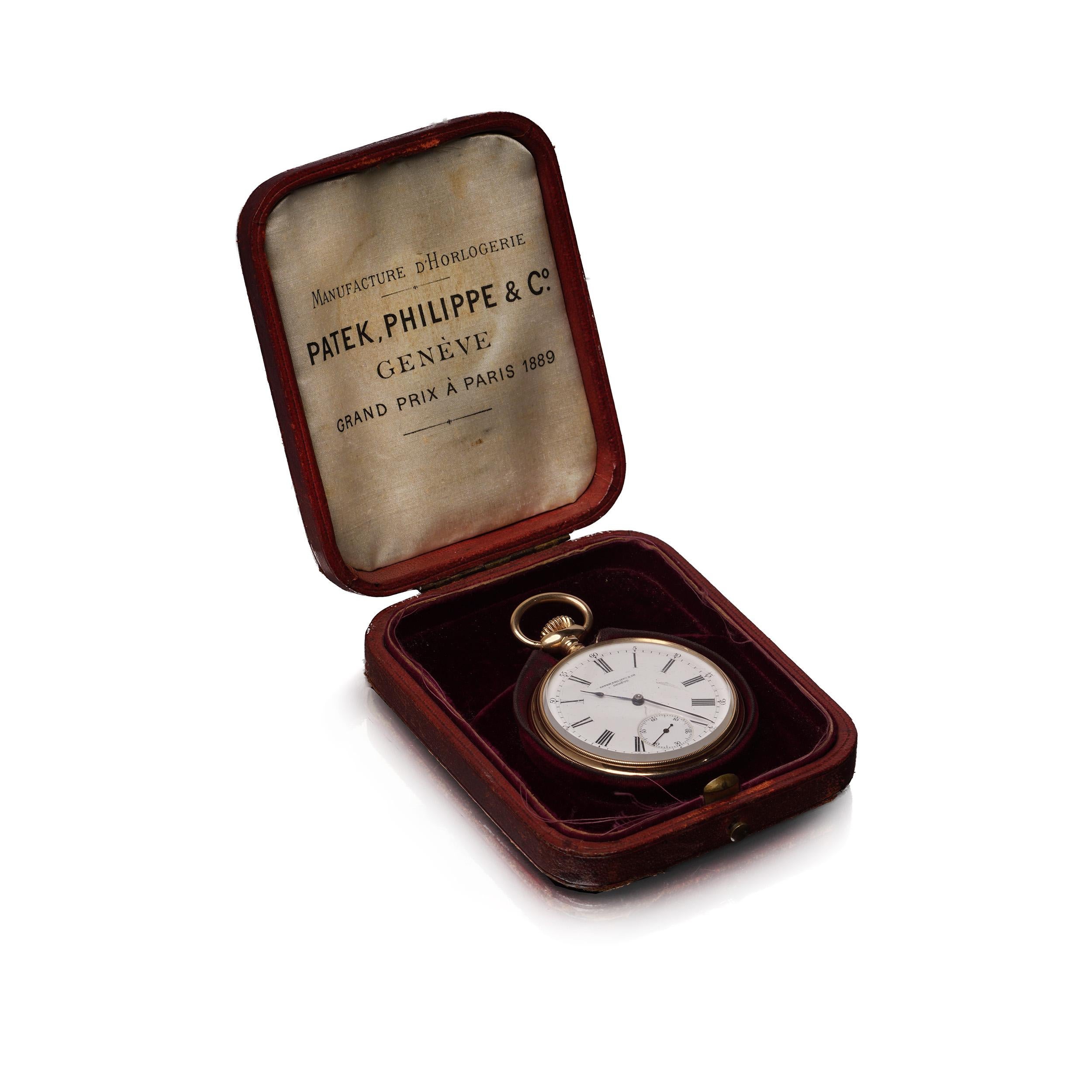 An exceptional late 19th-century 18kt yellow gold open-face pocket watch by Patek Philippe & Co., featuring a highly desirable minute repeater complication. Housed in its original leather fitted case bearing the inscription 
