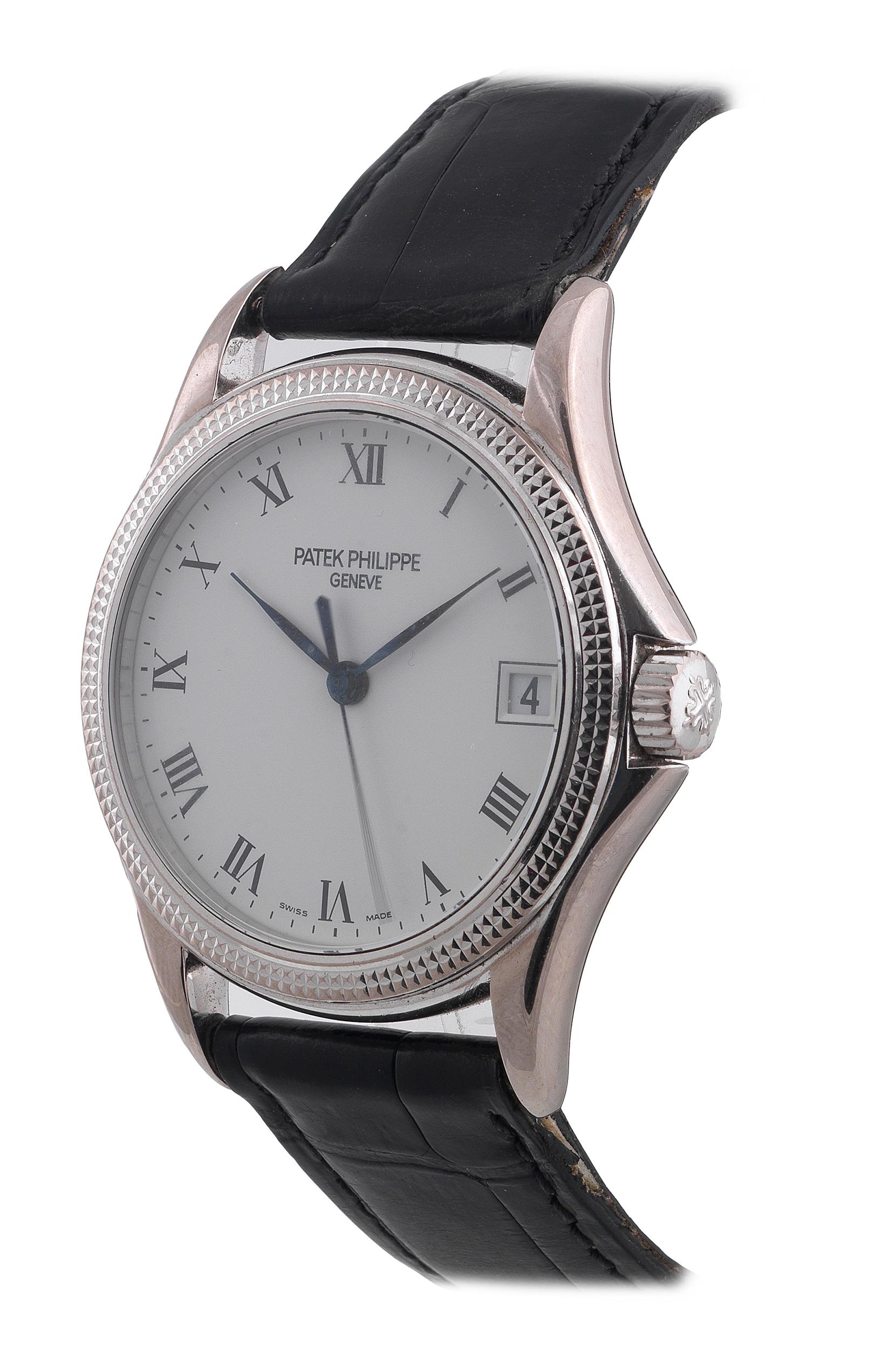 Fine, self-winding, water-resistant, 18K white gold gentleman's wristwatch with centre seconds, date and 18K white gold Patek Philippe buckle.
Case Two-body, polished, hobnail bezel, concave lugs,protected screwed-down winding crown and