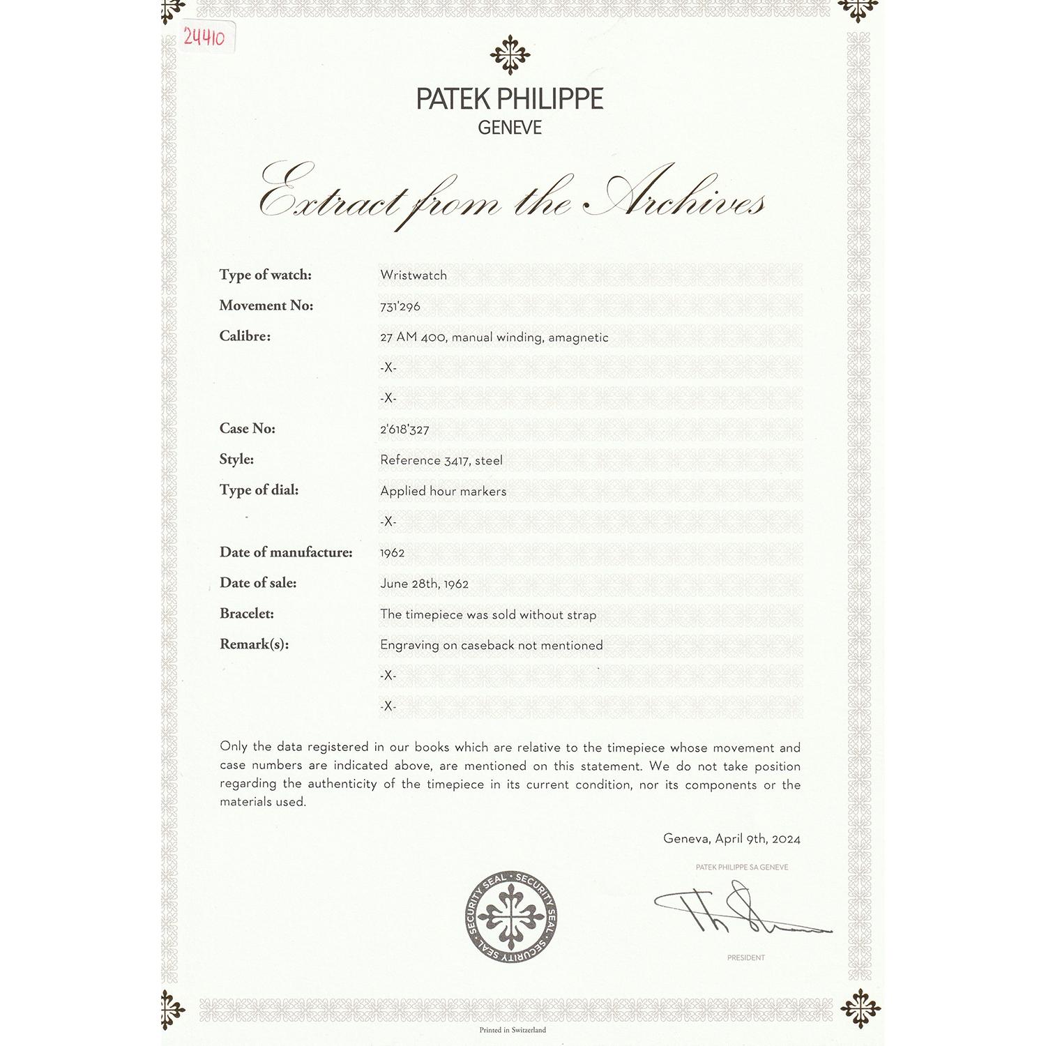 Patek Philippe & Co. Stainless Steel Ref 3417 ' Amagnetic ' Watch For Sale 9