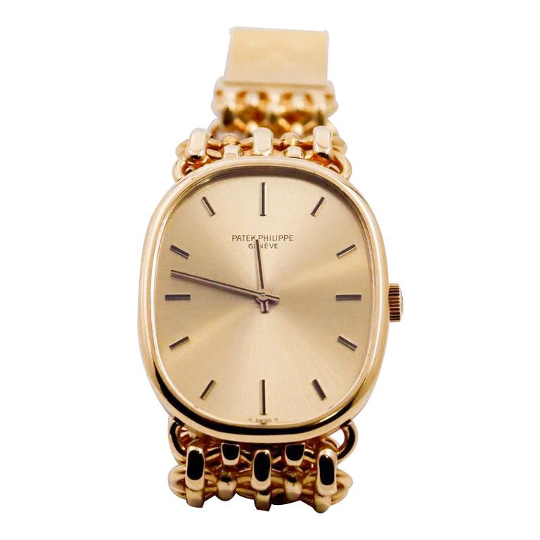 Modernist Patek Philippe & Co. Yellow Gold Ellipse Bracelet Watch with Custom Bracelet For Sale