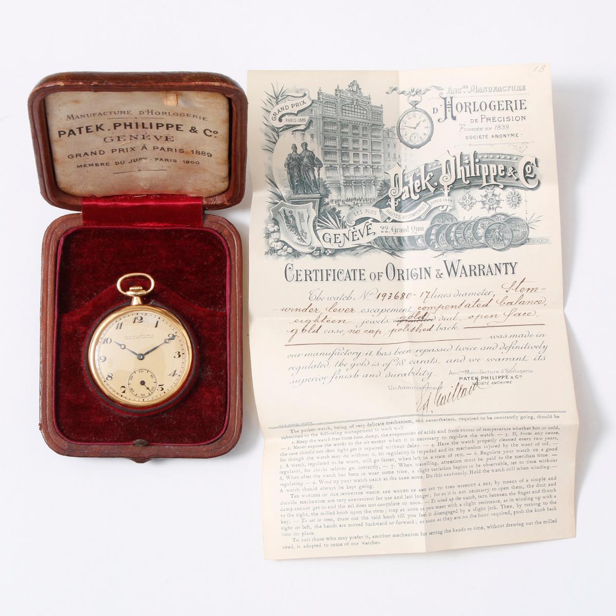 Patek Philippe & Co. 18K Gold Open Face Pocket Watch -  Manual movement. 18K Yellow Gold Case, monogrammed. Signed Patek Philippe & Co. ( 44 mm ). Gold with Arabic numerals; sub dial at 6' o clock. Blued hands. Pre-owned with original certificate of