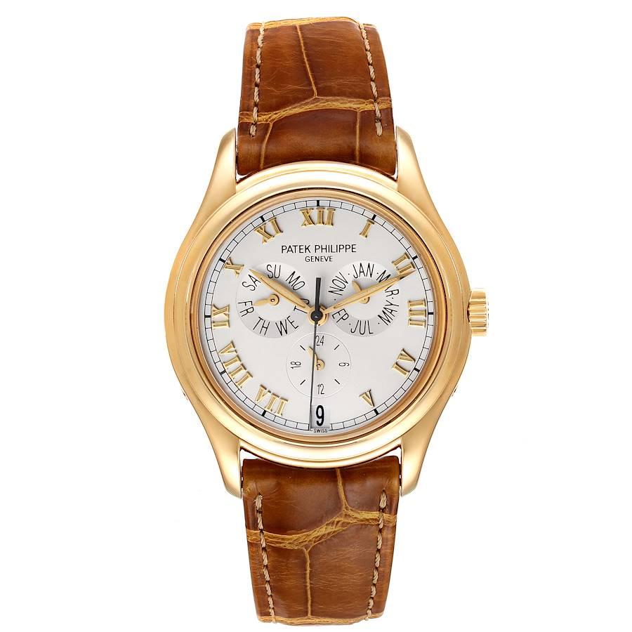 Patek Philippe Complicated Annual Calendar Yellow Gold Mens Watch 5035. Automatic movement. Functions: annual calendar, date, day, month. Gyromax balance, shock absorber, self-compensating free-sprung flat balance spring, 21K gold rotor, Geneva