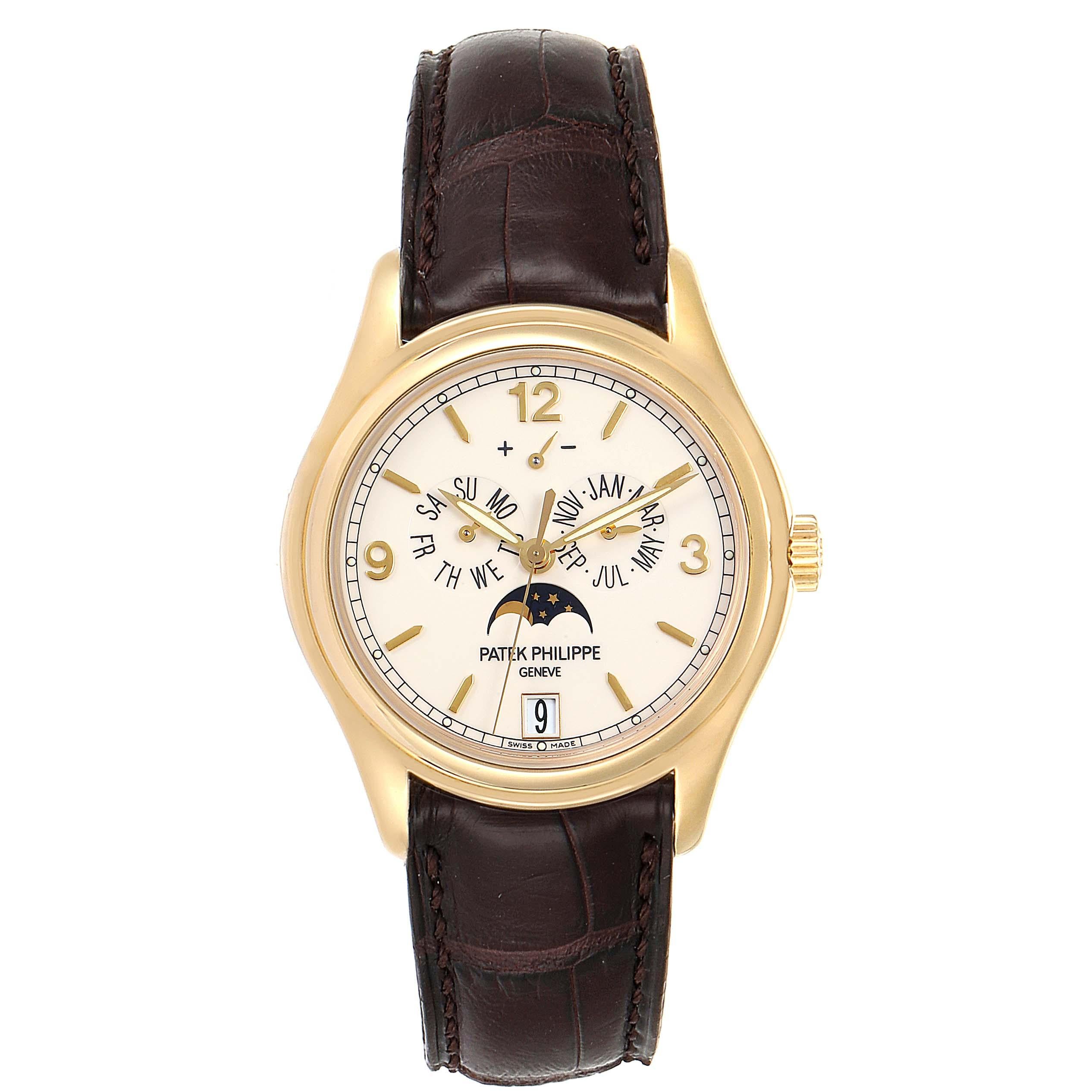 Patek Philippe Complicated Annual Calendar Yellow Gold Mens Watch 5146. Automatic Self-winding mechanical movement. Caliber 324 S IRM QA LU. Day and month by hands. Date in an aperture. Sweep seconds hand. Annual calendar and moon phase functions.