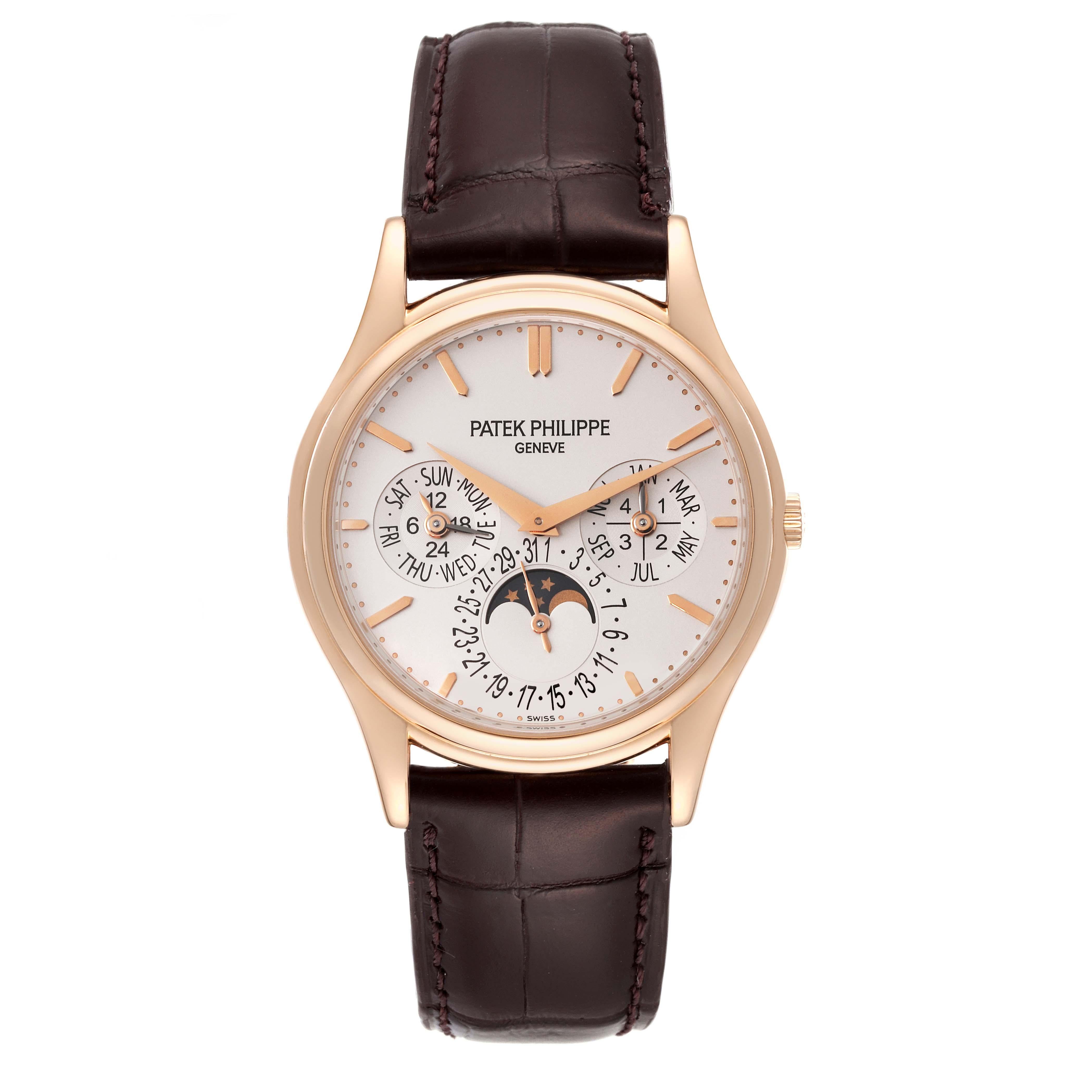 Patek Philippe Complicated Perpetual Calendar Rose Gold Mens Watch 5140R. Automatic movement. Rhodium plated, fausses cotes decoration, straight-line lever escapement, Gyromax balance adjusted to heat, cold, isochronism and 5 positions, shock