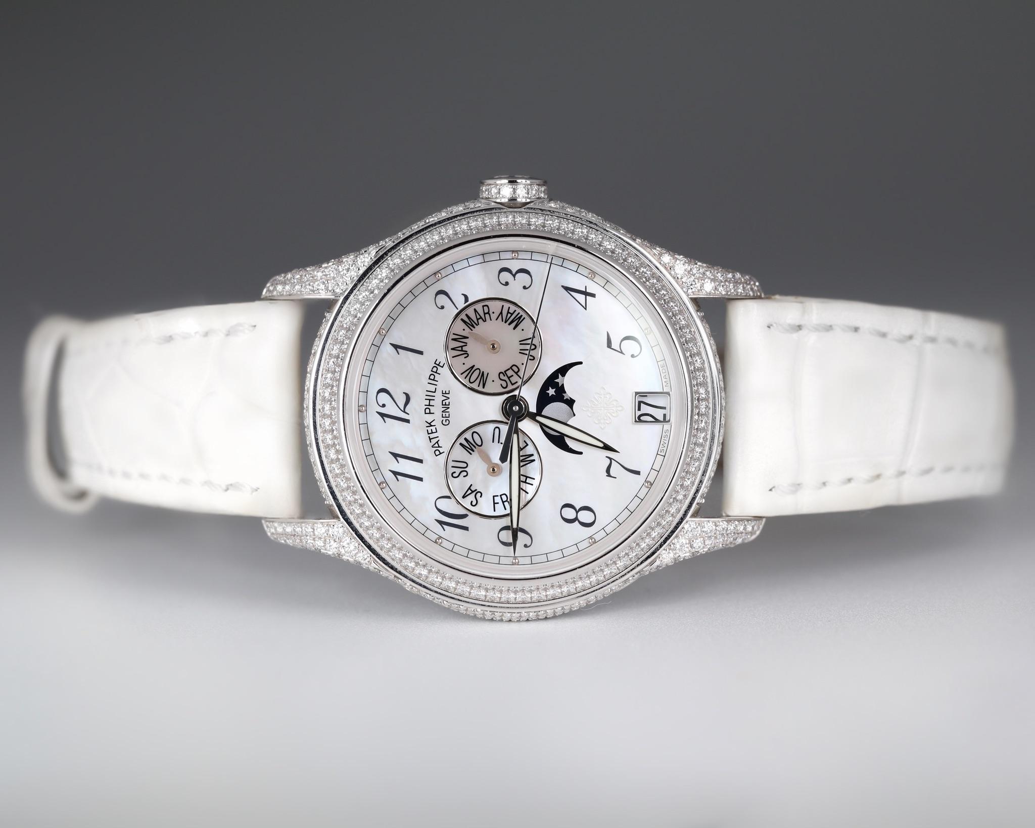 Contemporary Patek Philippe Complications 37mm Moon Phase White Gold DIA Bezel 4937G-001 MOP For Sale