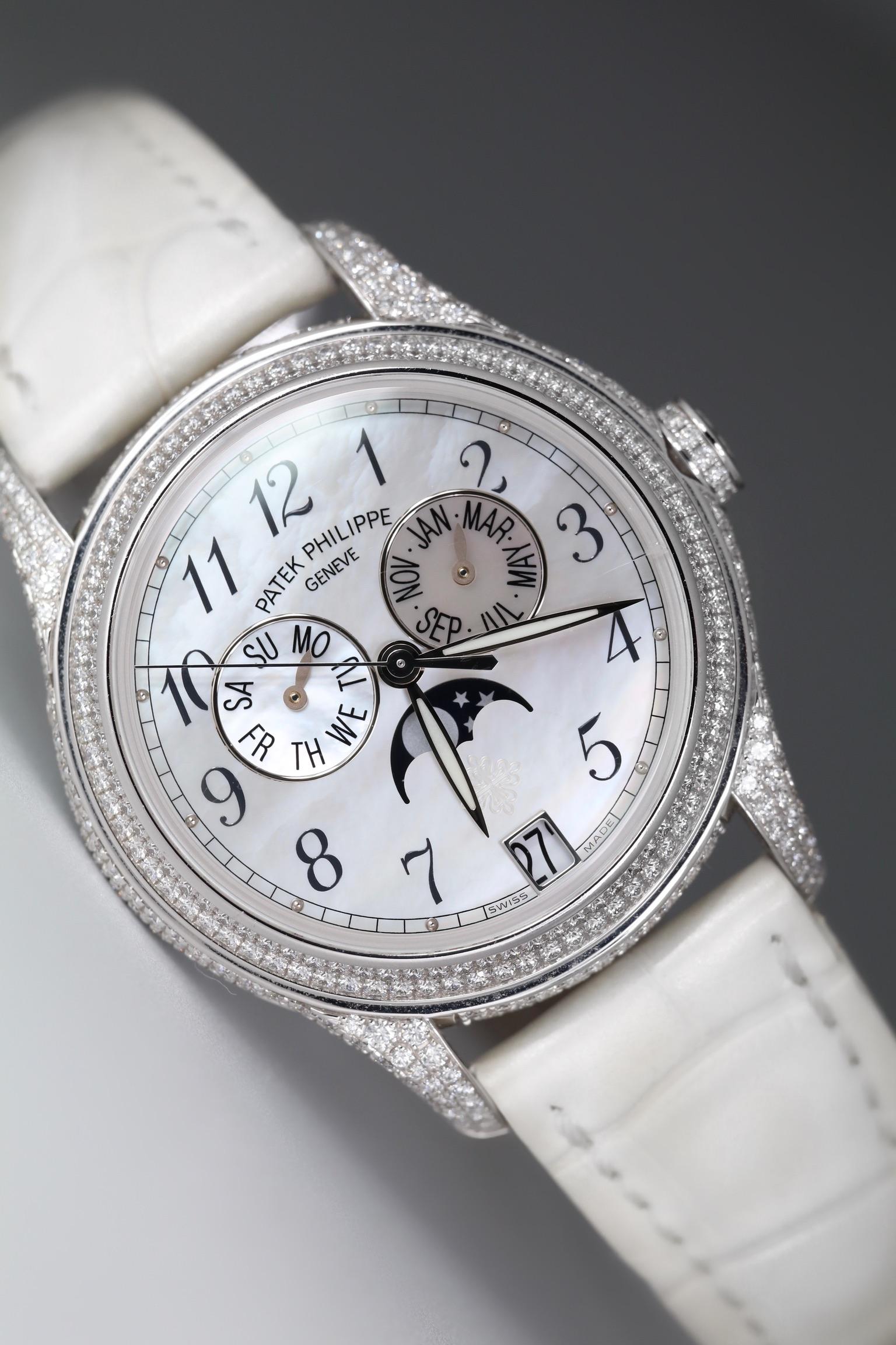Round Cut Patek Philippe Complications 37mm Moon Phase White Gold DIA Bezel 4937G-001 MOP For Sale