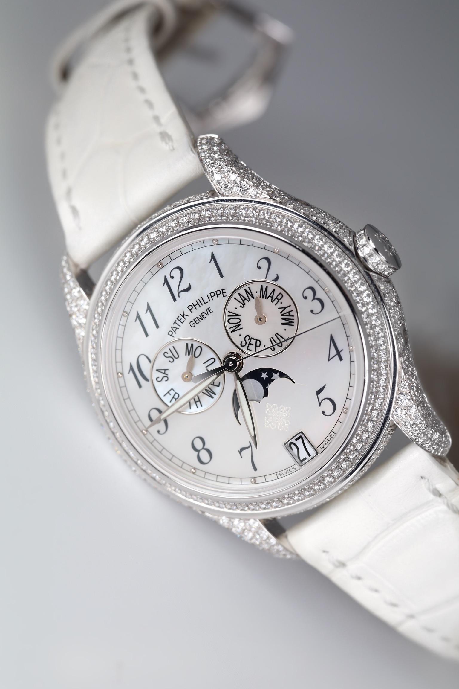 Patek Philippe Complications 37mm Moon Phase White Gold DIA Bezel 4937G-001 MOP In Excellent Condition For Sale In Beverly Hills, CA