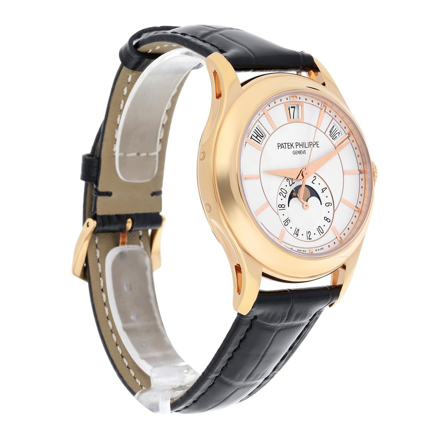 Patek Philippe Complications 5205R Rose Gold Silver Dial Mens Watch Complete In Excellent Condition For Sale In New York, NY