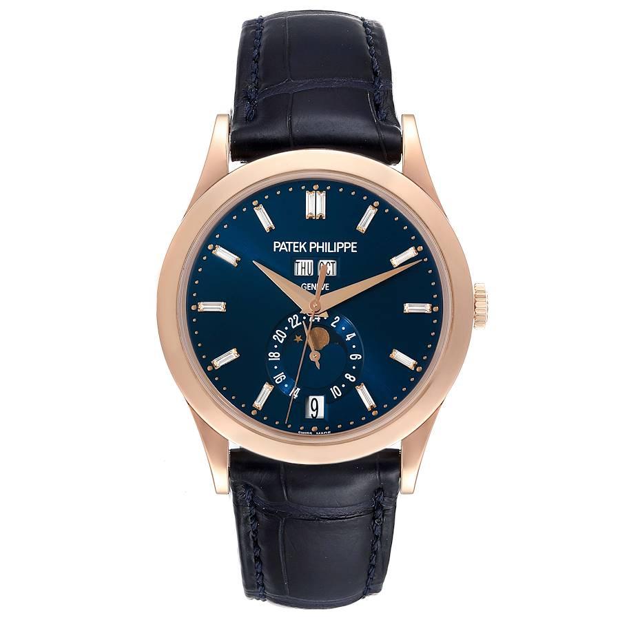 Patek Philippe Complications Annual Calendar Rose Gold Diamond Watch 5396. Automatic self-winding movement. 18k rose gold case 39.0 mm in diameter. Exhibition sapphire crystal case back. 18k rose gold bezel. Scratch resistant sapphire crystal. Blue