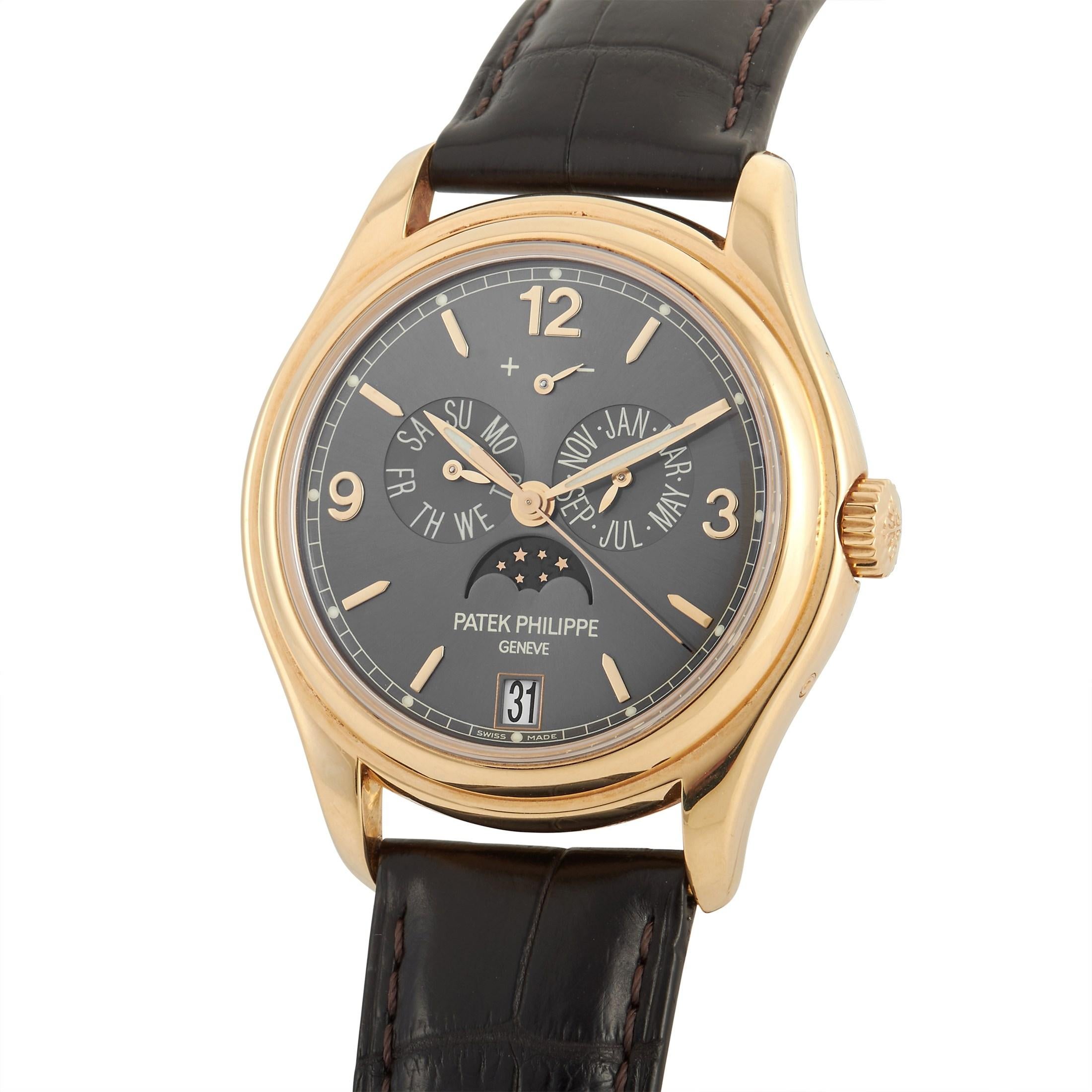 The Patek Philippe Complications Watch, reference number 5146J-010, is a timepiece that will never let you down.

Inherently opulent, this watch features a 39mm case crafted from 18K Yellow Gold. On the gray dial, you’ll find luminous gold-tone