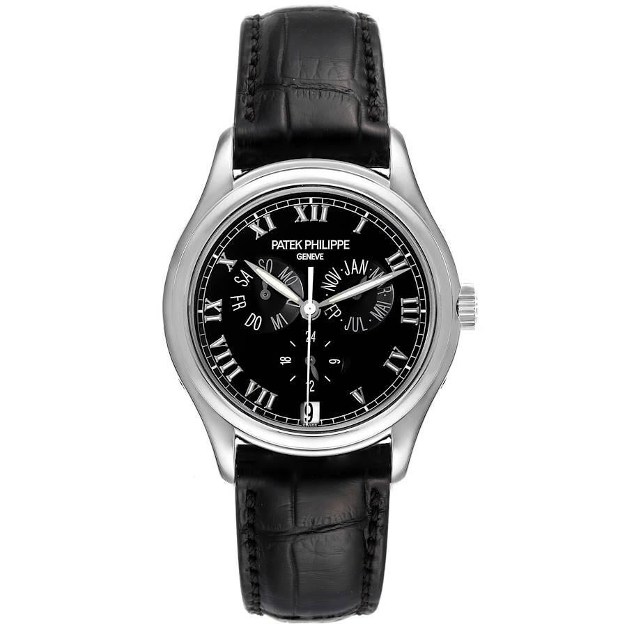 Patek Philippe Complications Annual Calendar White Gold Mens Watch 5035G. Automatic movement. Functions: annual calendar, date, day, month. Gyromax balance, shock absorber, self-compensating free-sprung flat balance spring, 21K gold rotor, Geneva