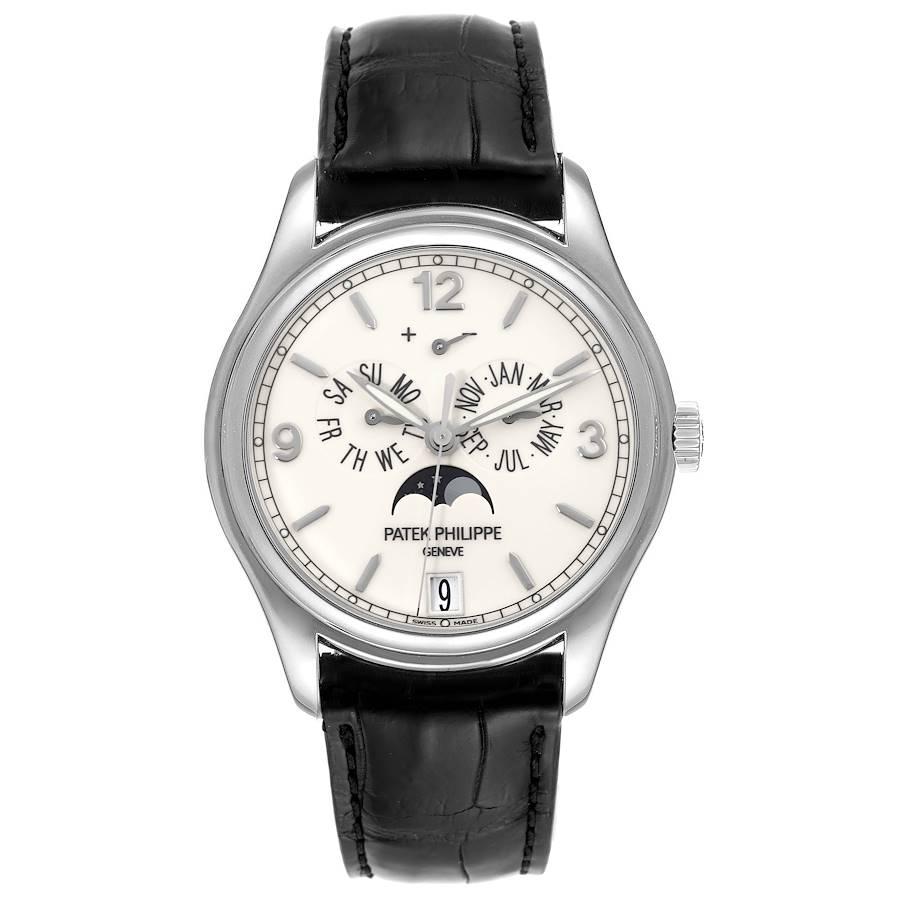 Patek Philippe Complications Annual Calendar White Gold Mens Watch 5146G. Automatic Self-winding mechanical movement. Caliber 324 S IRM QA LU. Day and month by hands. Date in an aperture. Sweep seconds hand. Annual calendar and moon phase functions.