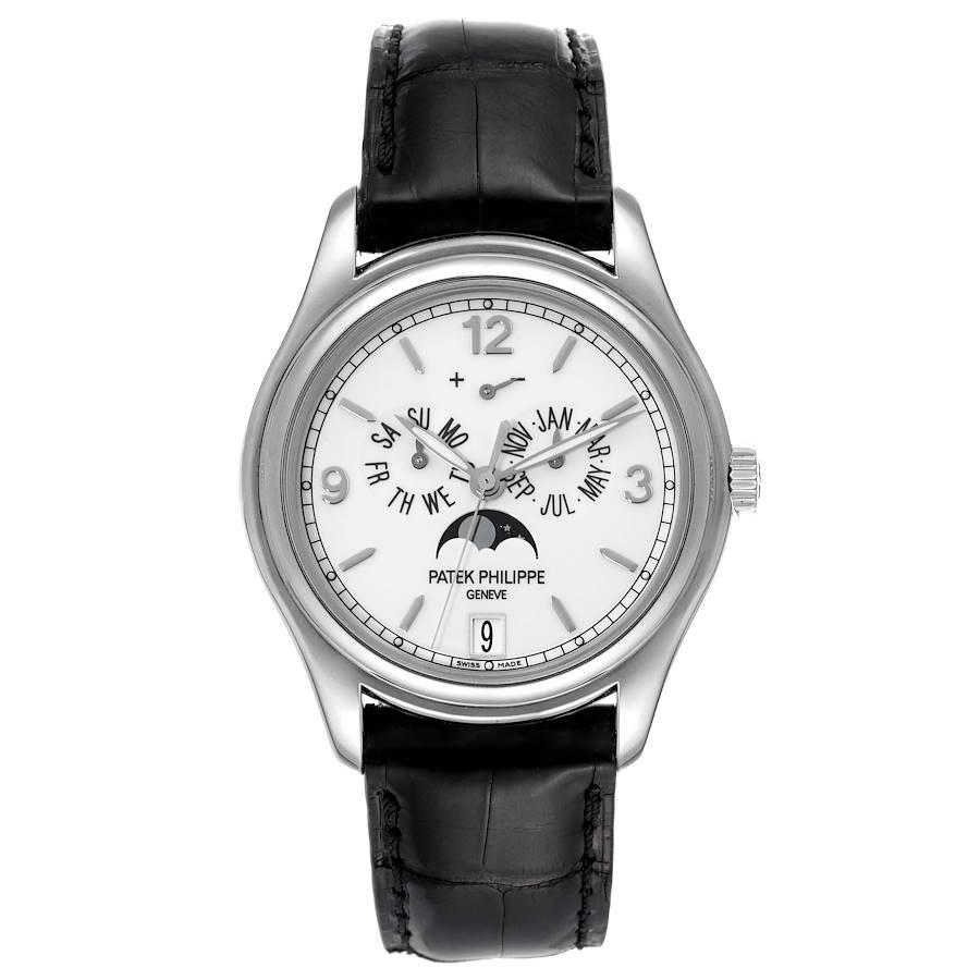 Patek Philippe Complications Annual Calendar White Gold Mens Watch 5146G. Automatic Self-winding mechanical movement. Caliber 324 S IRM QA LU. Day and month by hands. Date in an aperture. Sweep seconds hand. Annual calendar and moon phase functions.