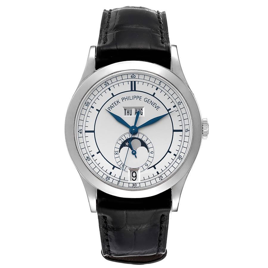 Patek Philippe Complications Annual Calendar White Gold Mens Watch 5396. Automatic self-winding movement. 18k white gold case 39.0 mm in diameter. Exhibition sapphire crystal case back. 18k white gold bezel. Scratch resistant sapphire crystal.
